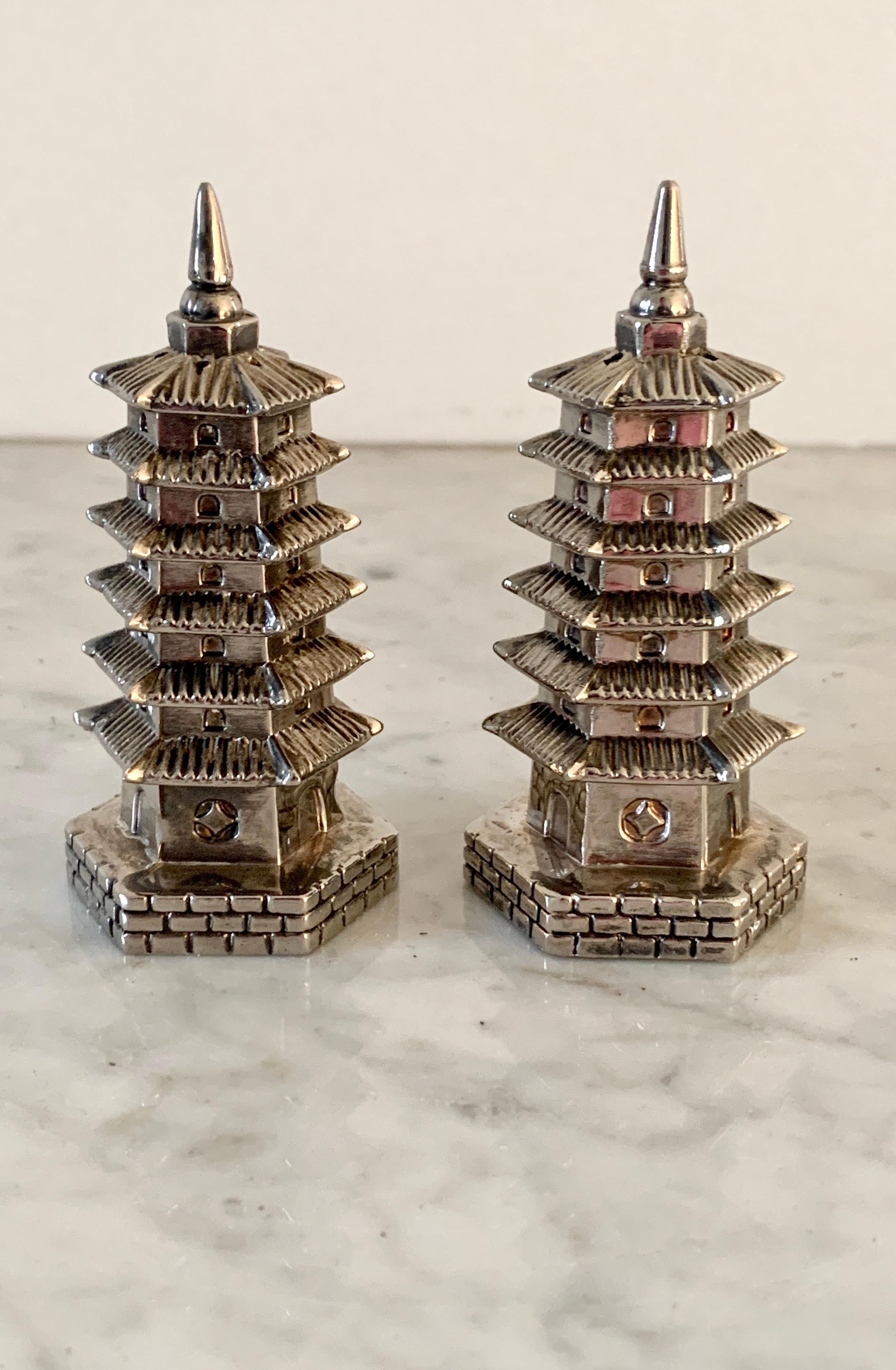 Silver Godinger Chinoiserie Pagoda Salt and Pepper Shakers 2