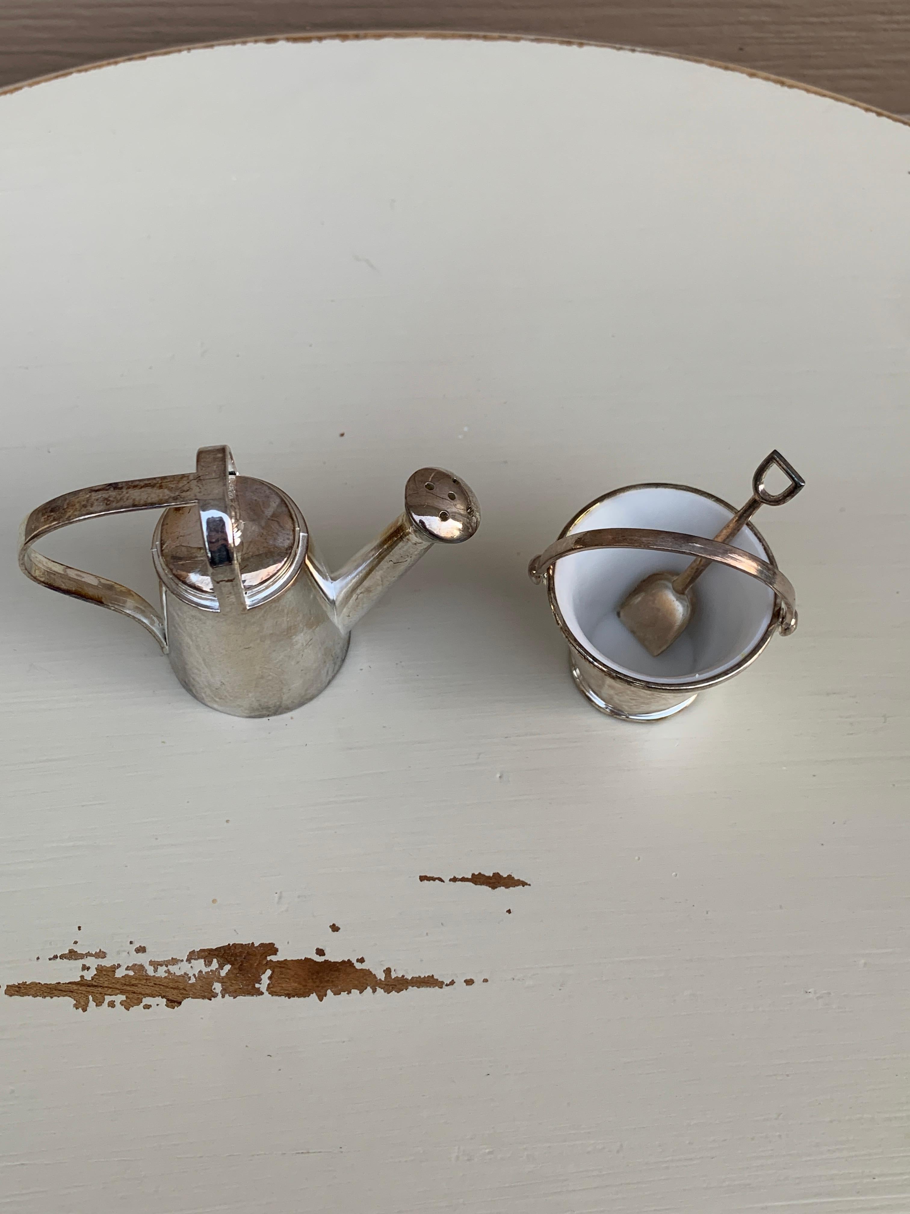 French Provincial Silver Godinger Country Garden Pail and Watering Can Salt and Pepper Shakers For Sale