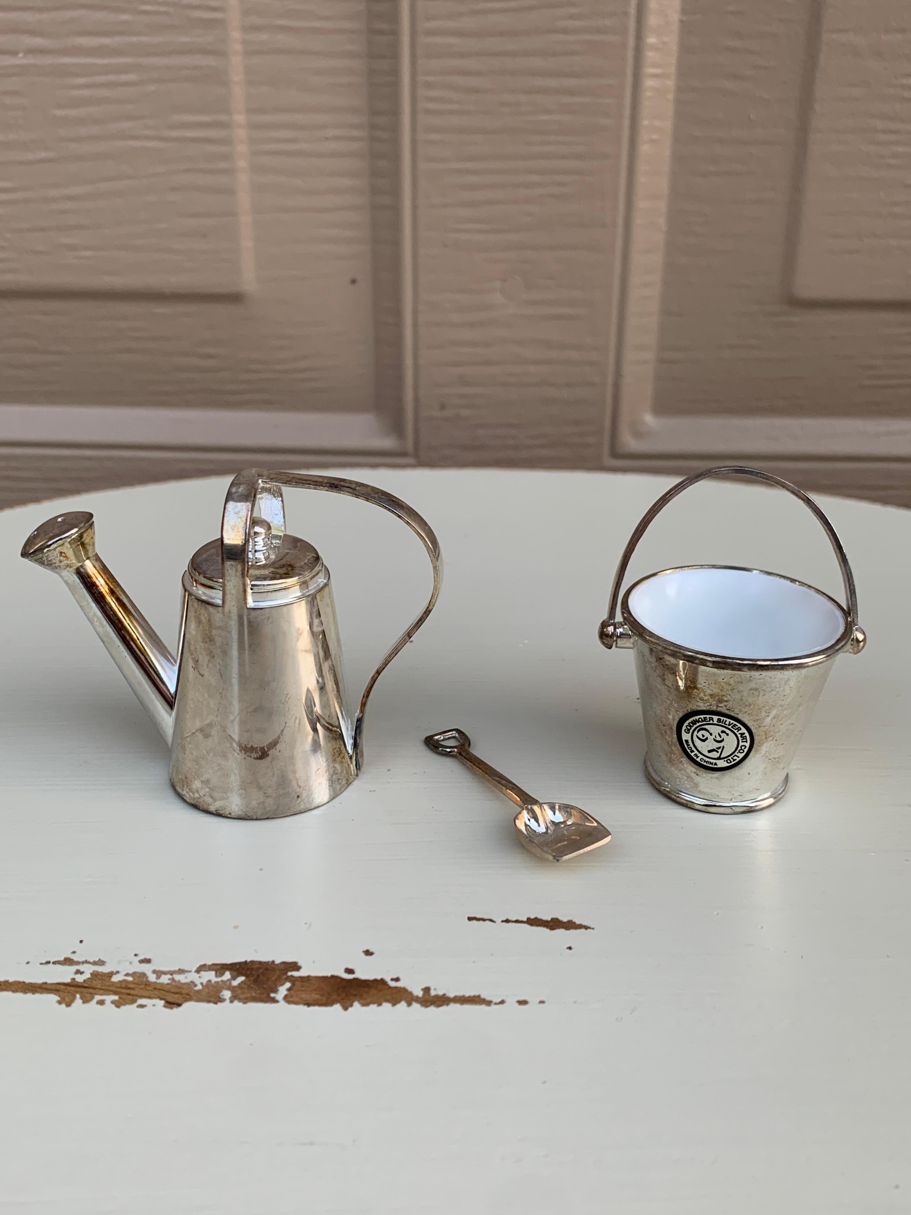 20th Century Silver Godinger Country Garden Pail and Watering Can Salt and Pepper Shakers For Sale