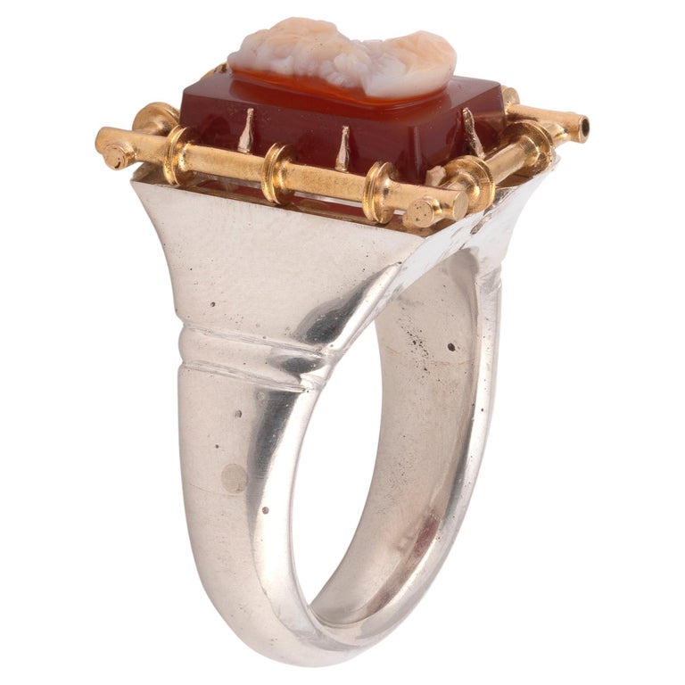 Napoleon III Silver Gold and Agate Cameo Men's Ring For Sale