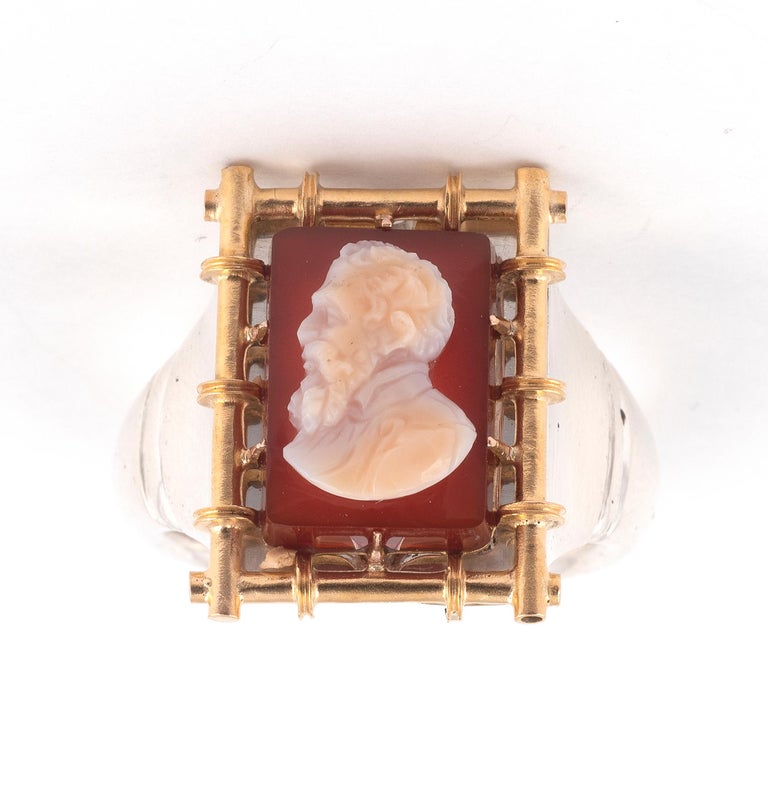 Uncut Silver Gold and Agate Cameo Men's Ring For Sale