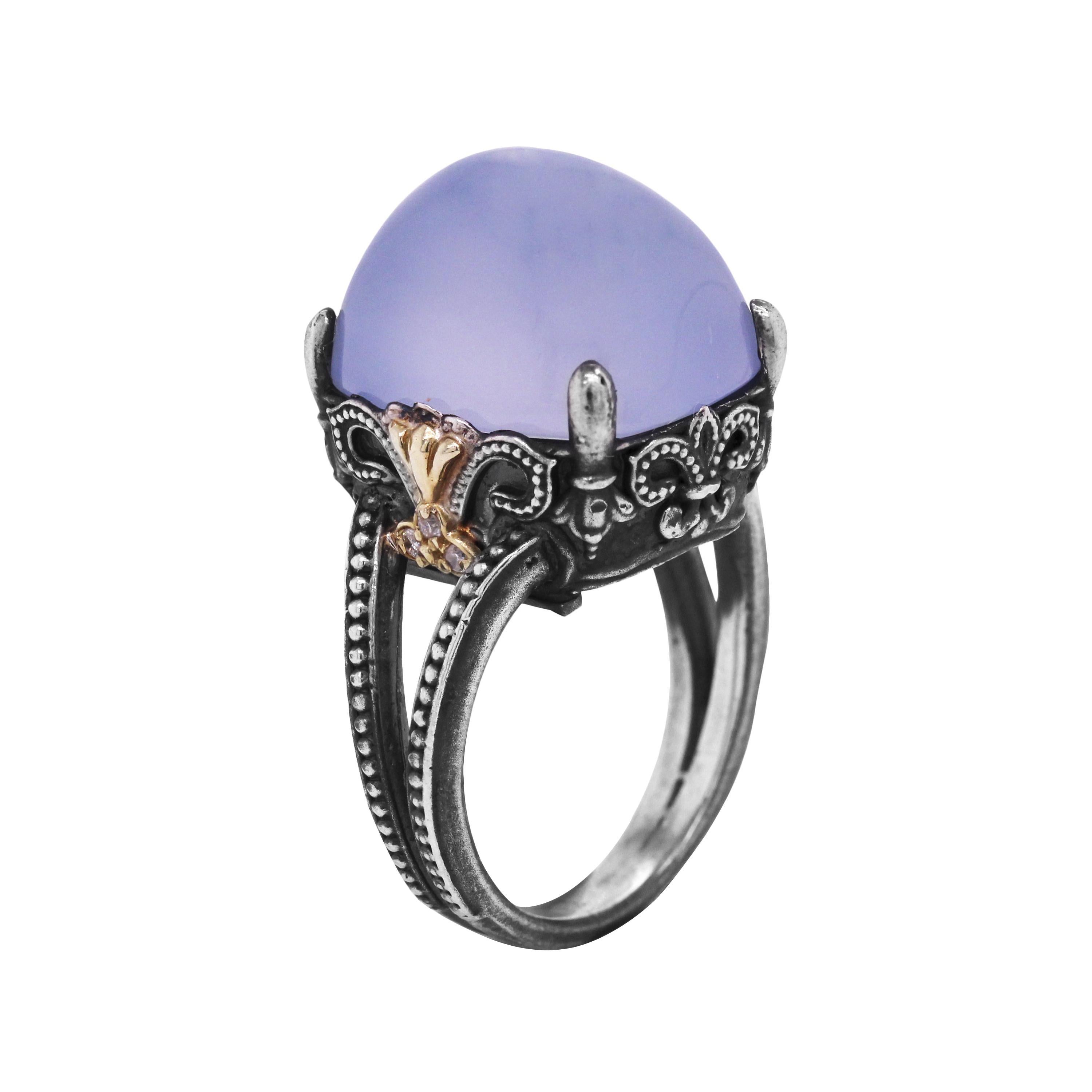 Silver Gold and Diamond Ring with Blue Chalcedony Center Stambolian