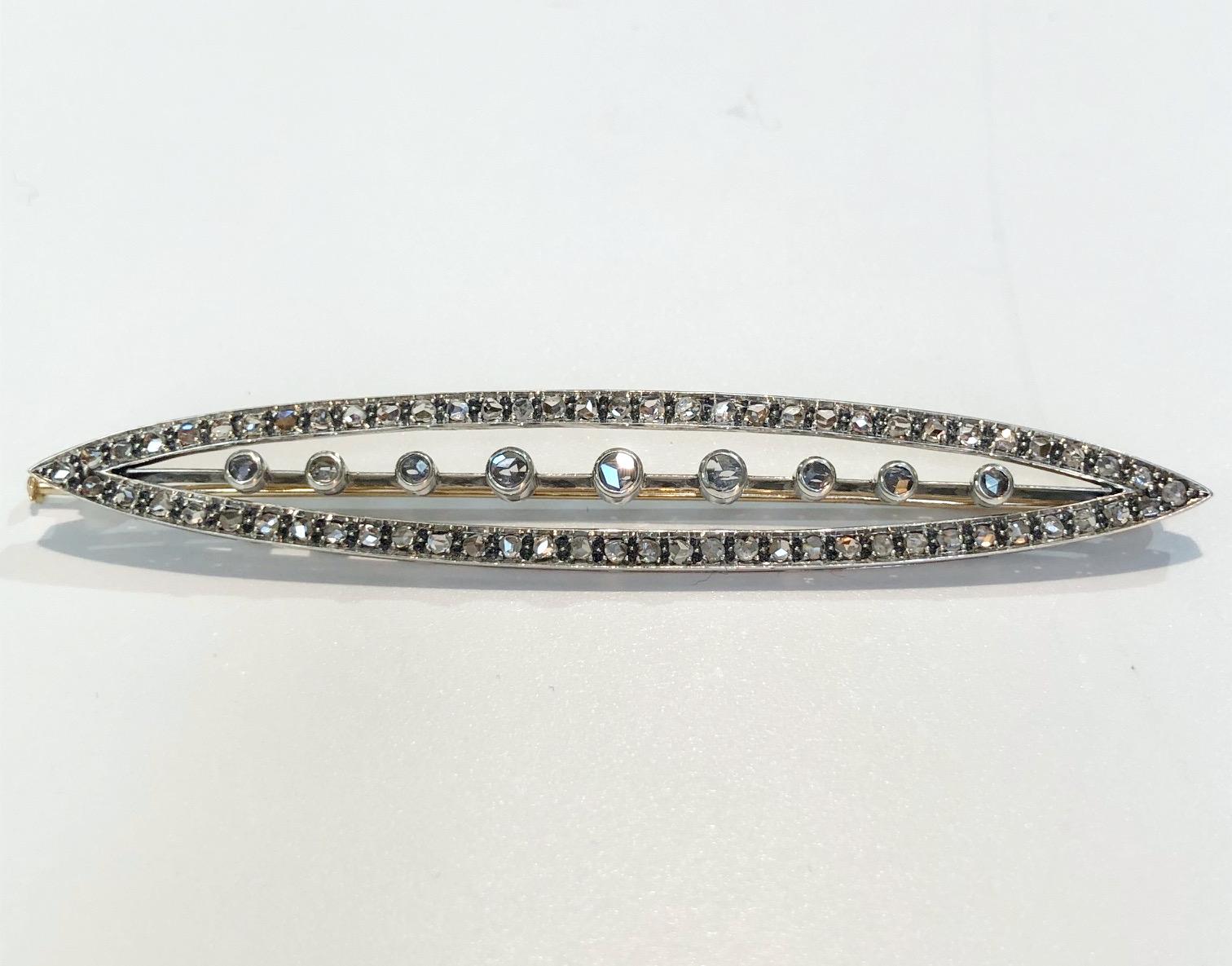 Vintage bar brooch with silver, gold, and diamonds, Italy circa late 1800s 
Length 8 cm
Width 1.7 cm