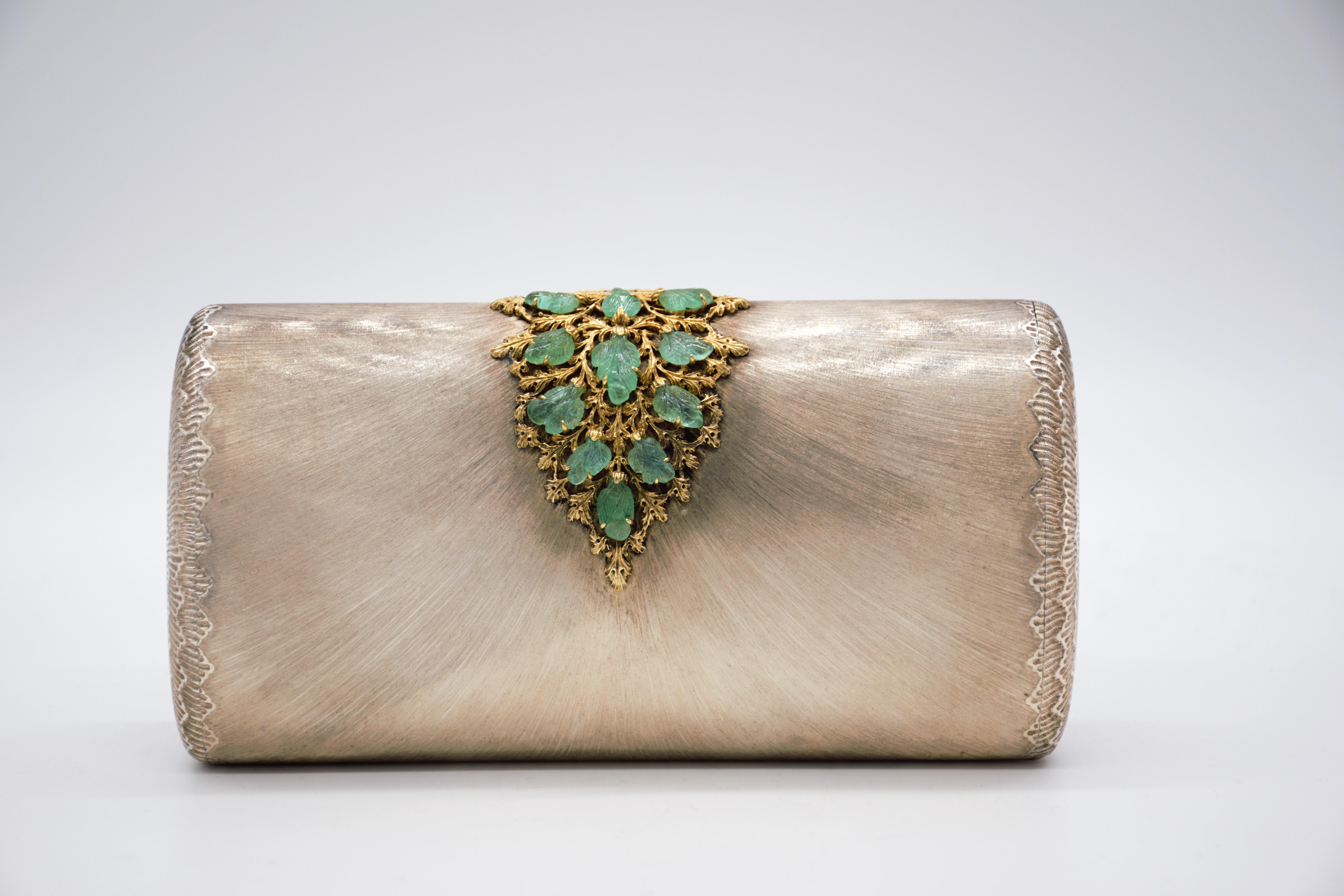 Italian Silver Gold and Gem-Set Clutch with Black Silk Carrying Case, Mario Buccellati For Sale