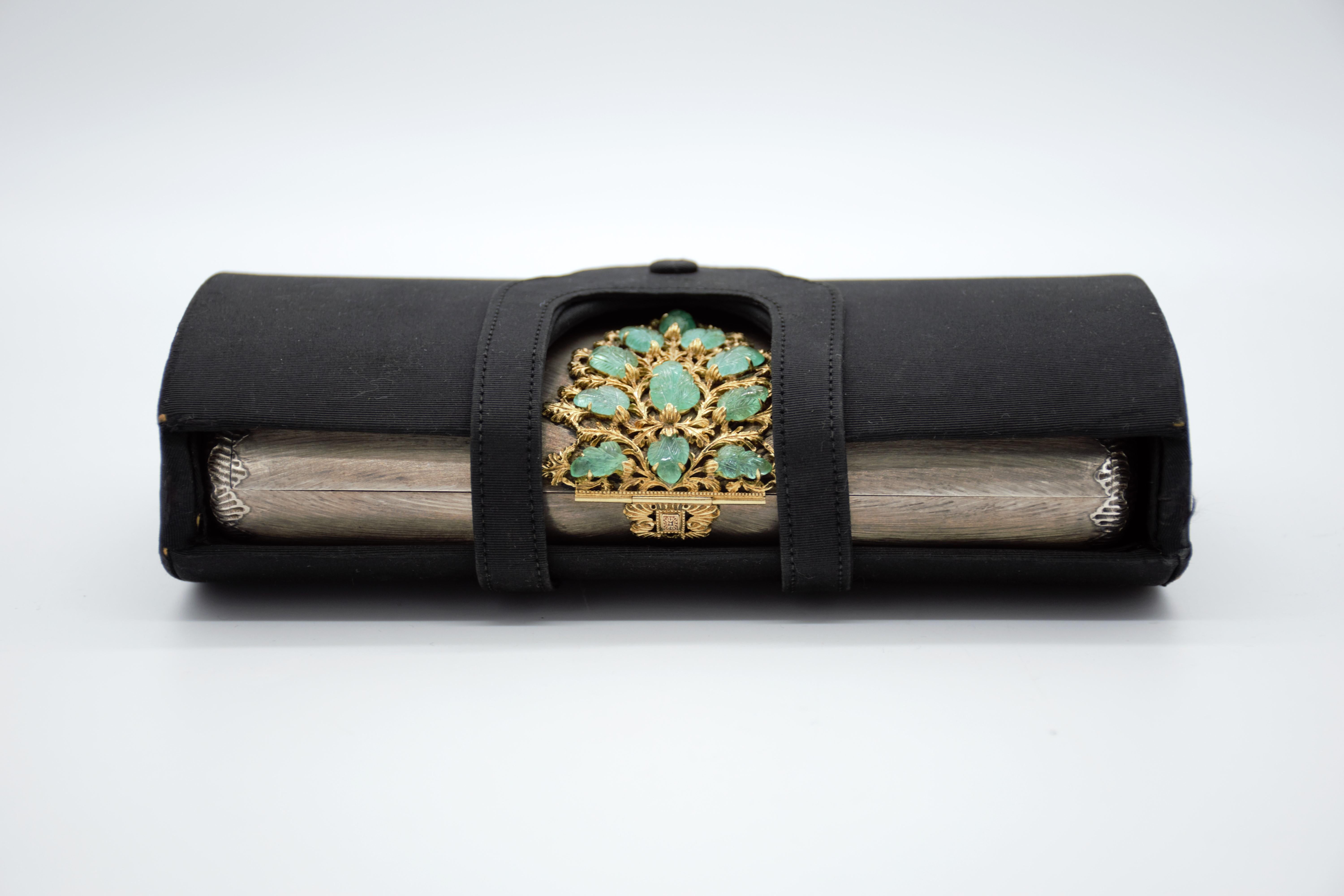 Hand-Carved Silver Gold and Gem-Set Clutch with Black Silk Carrying Case, Mario Buccellati For Sale