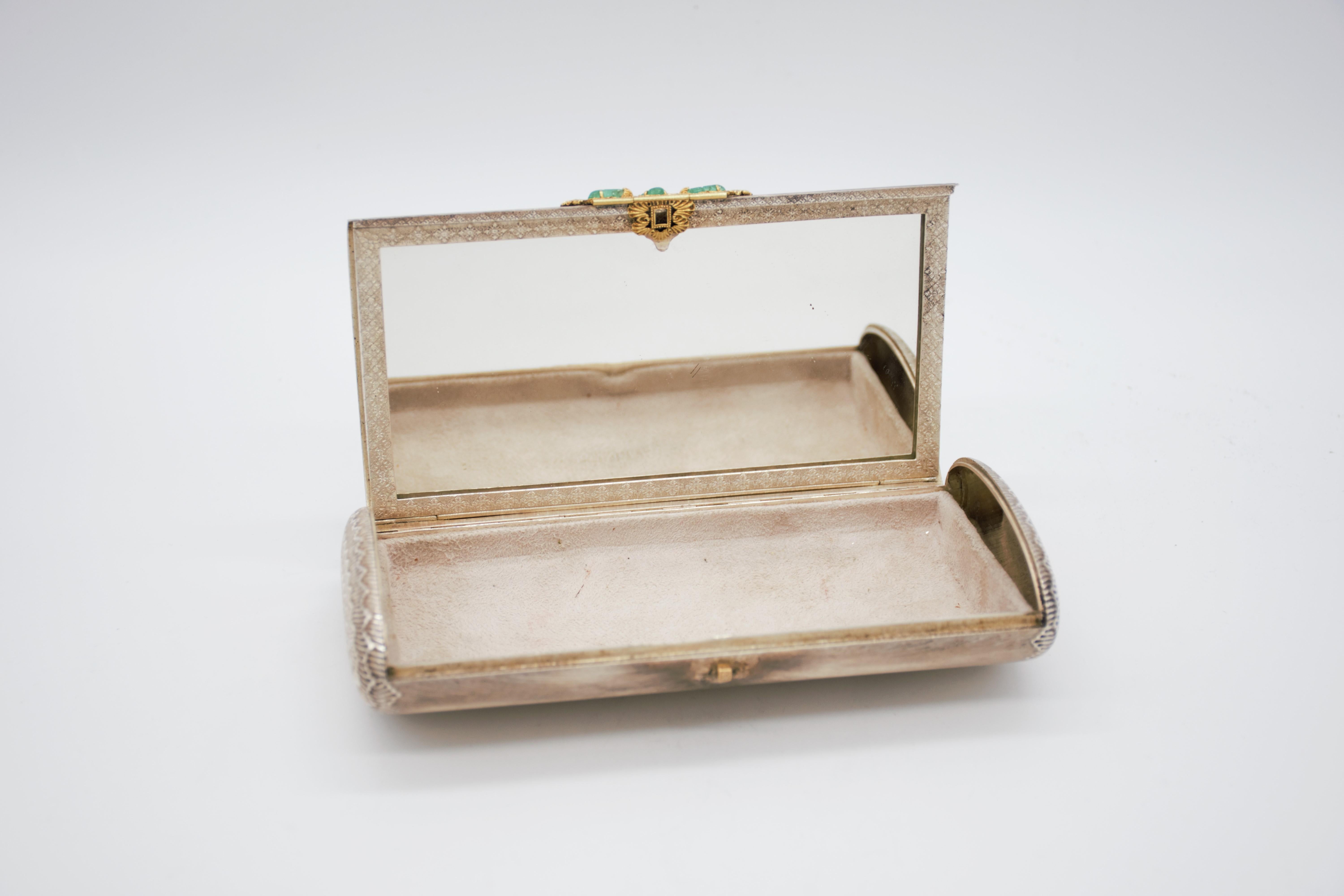 Cartera de mano de plata, oro y piedras preciosas con estuche de seda negra, Mario Buccellati mediados del siglo XX en venta