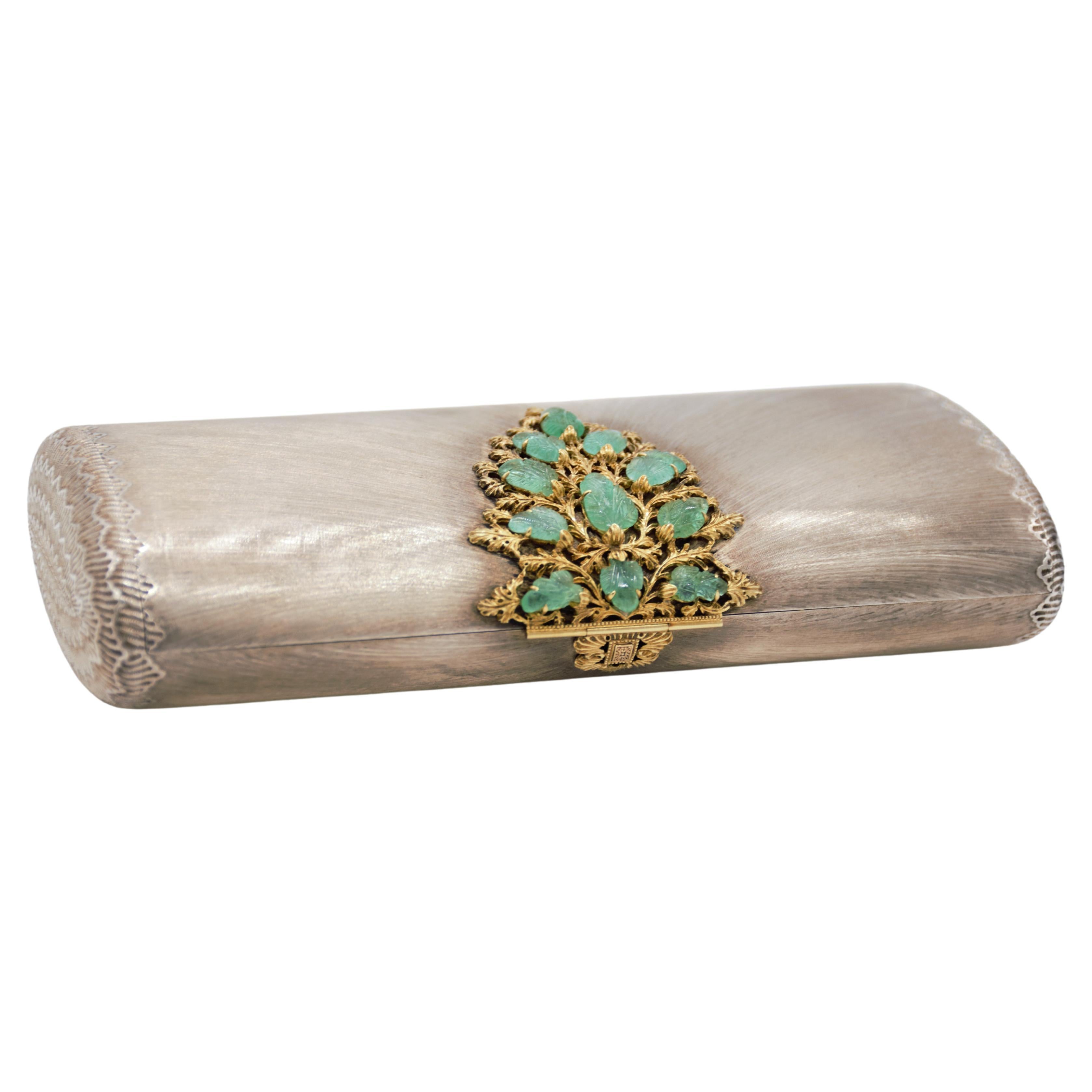 Silver Gold and Gem-Set Clutch with Black Silk Carrying Case, Mario Buccellati For Sale