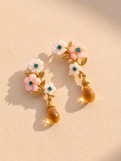 Silver, gold carved flower earrings studs with citrines and topazs