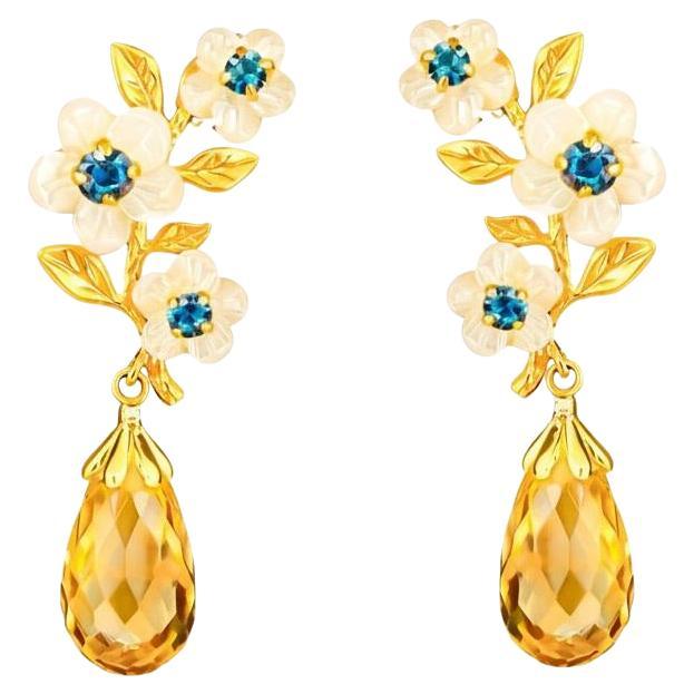 Silver, gold carved flower earrings studs with citrines and topazs