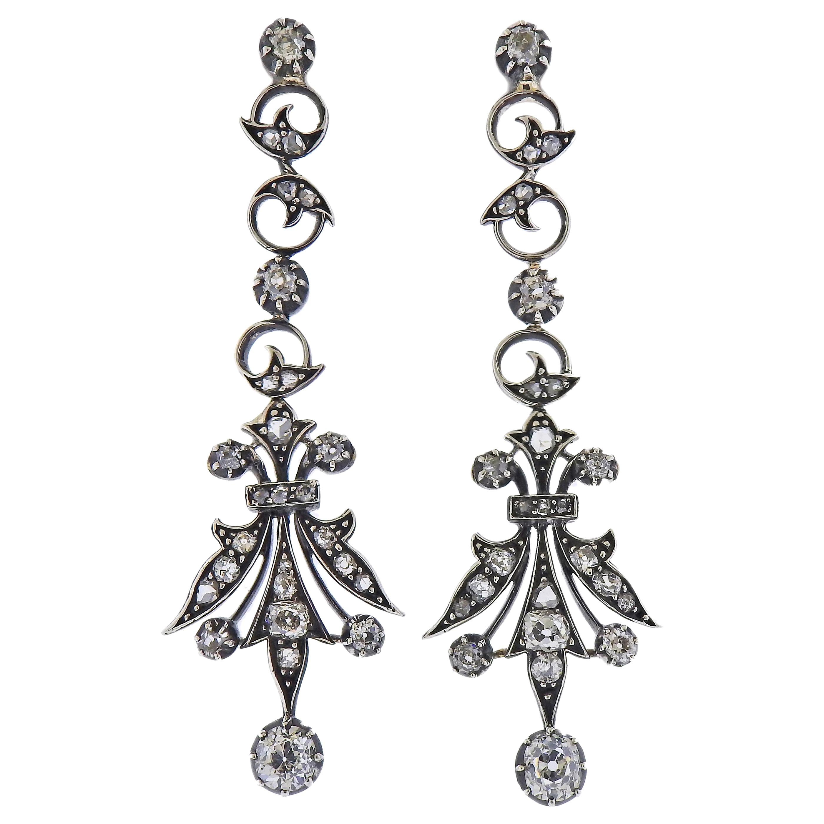 Silver Gold Diamond Long Drop Earrings For Sale