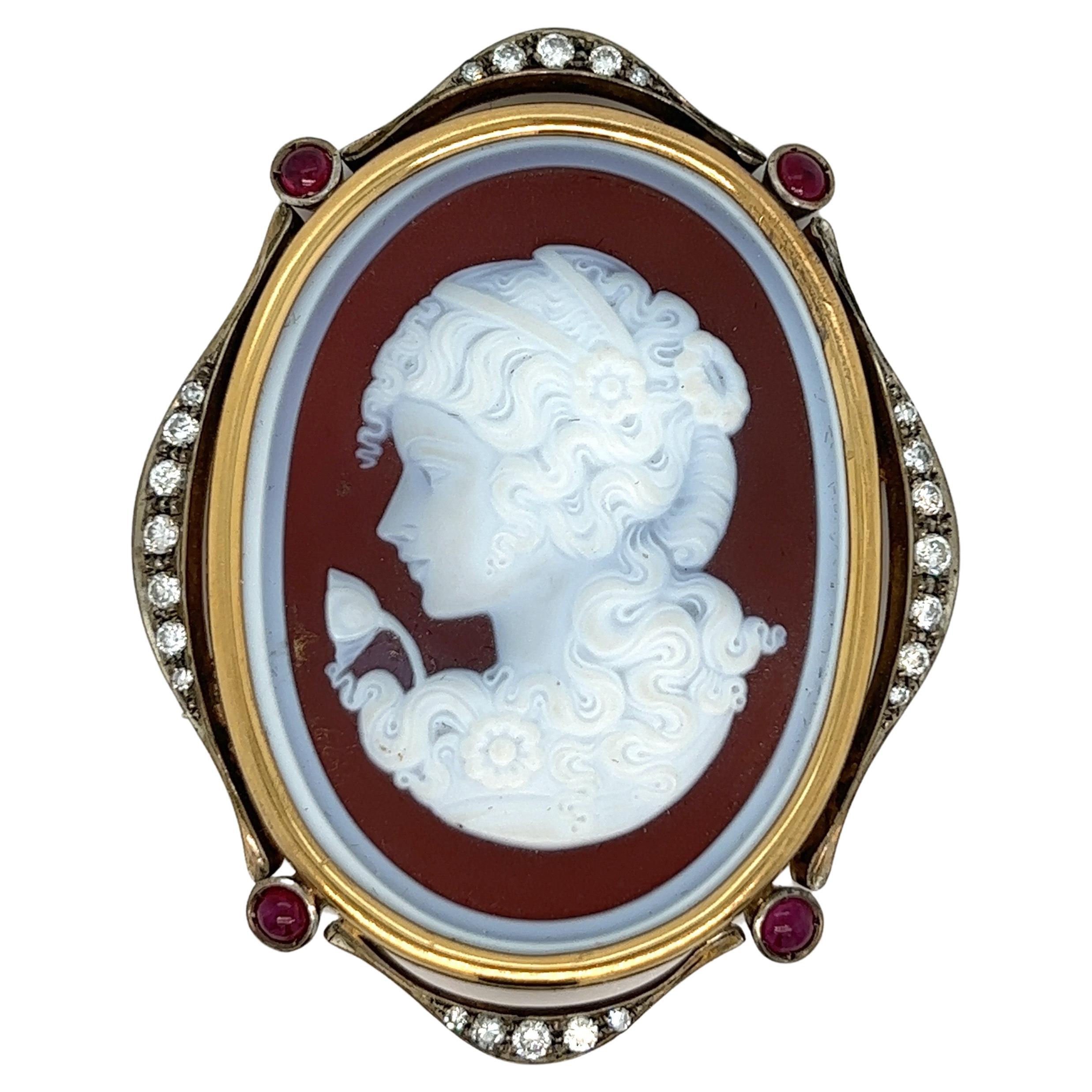 Silver & Gold Diamond Ruby Shell Cameo For Sale