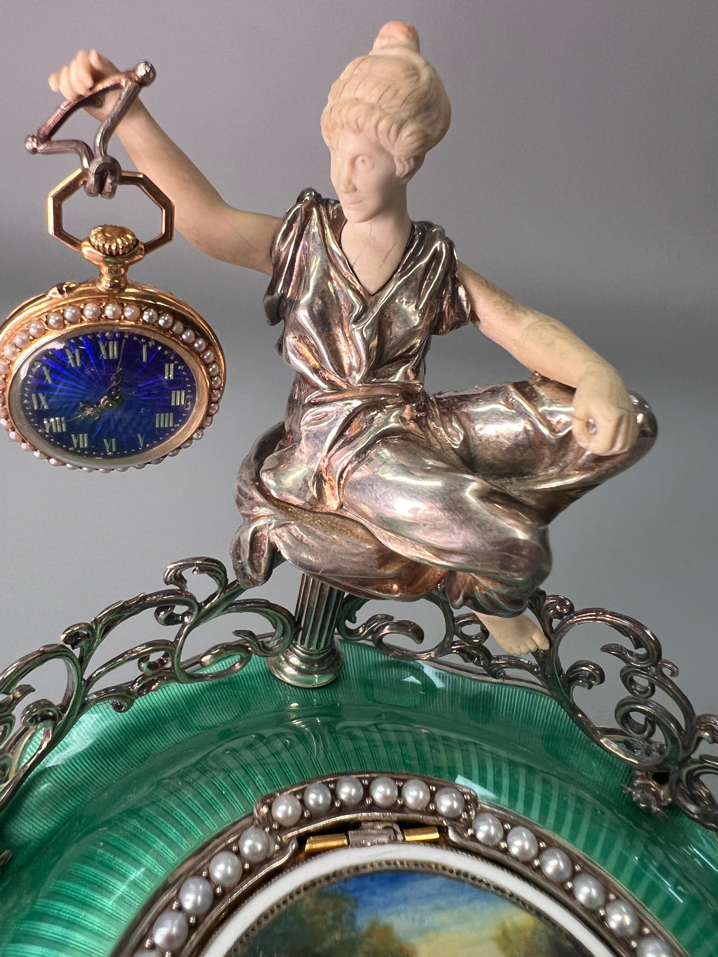 American Silver, Gold Enamel and Pearl Double Singing Bird Clock For Sale