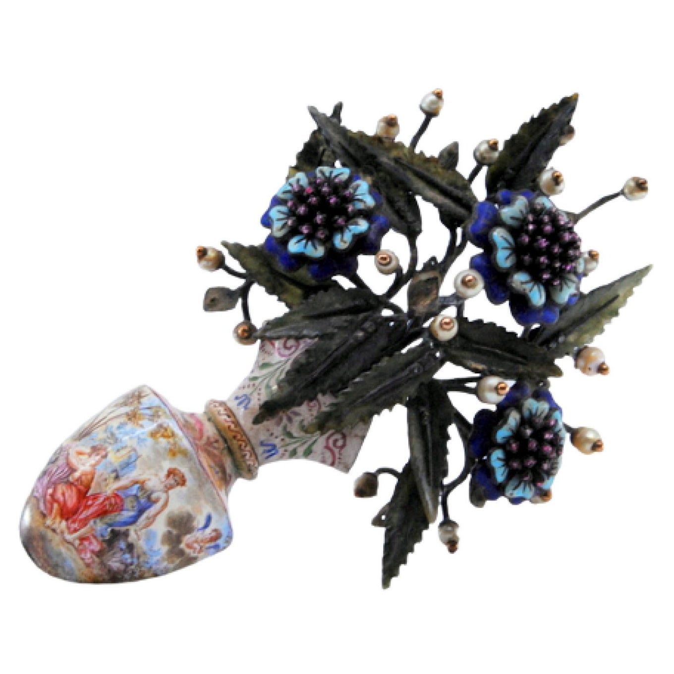 Silver-gold floral bouquet with enamels and pearls in ceramic cachepot For Sale