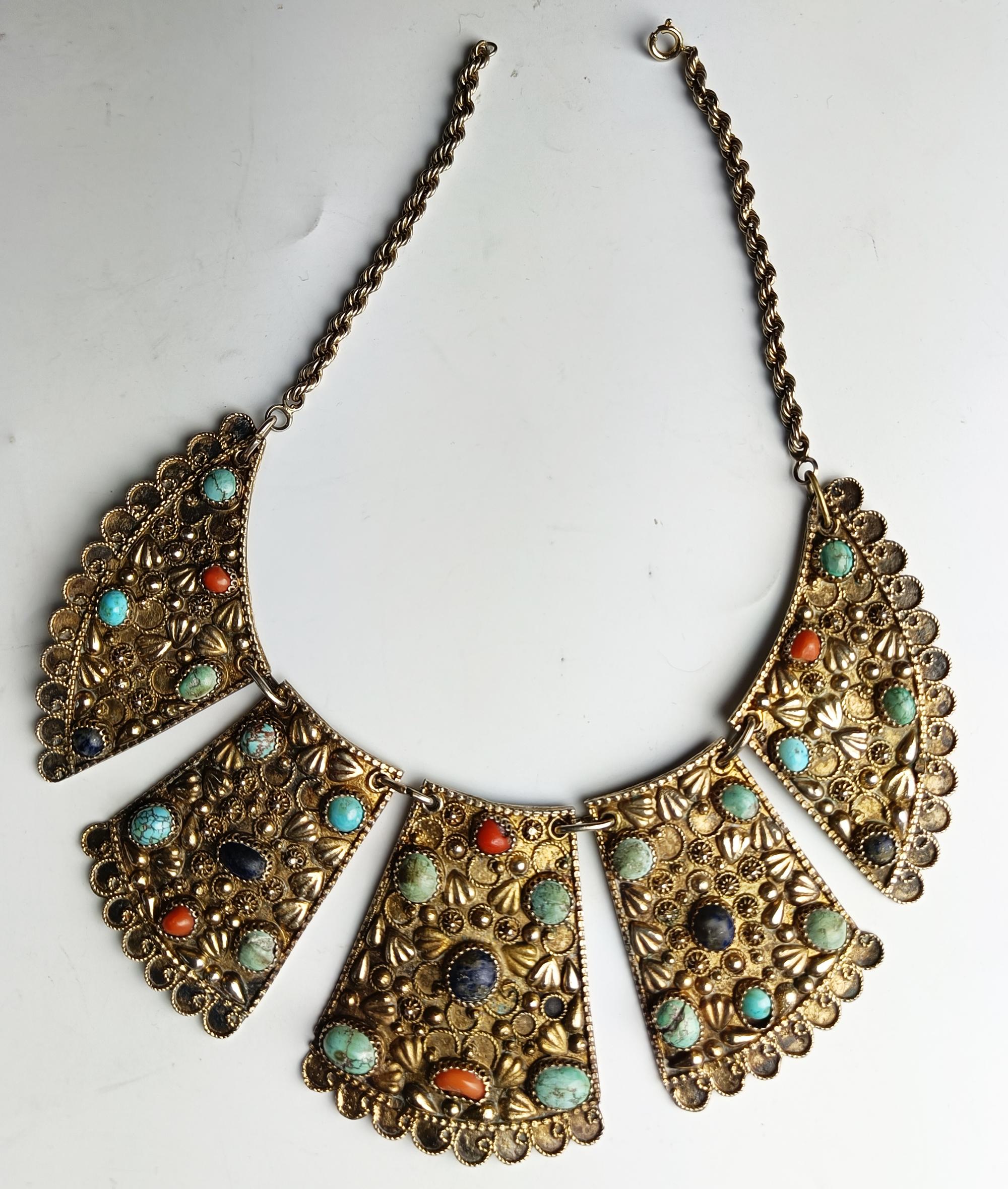 Hand-Crafted Silver gold gilt Persian bib necklace with turquoise Middle Eastern Antiques For Sale