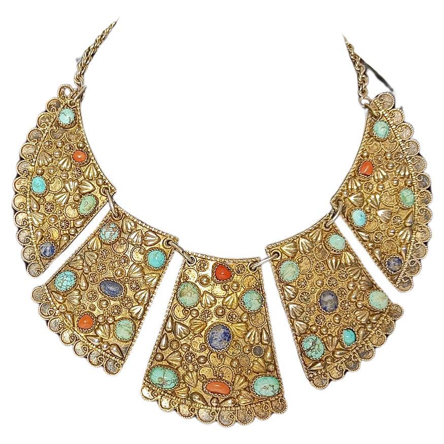 Silver gold gilt Persian bib necklace with turquoise Middle Eastern Antiques