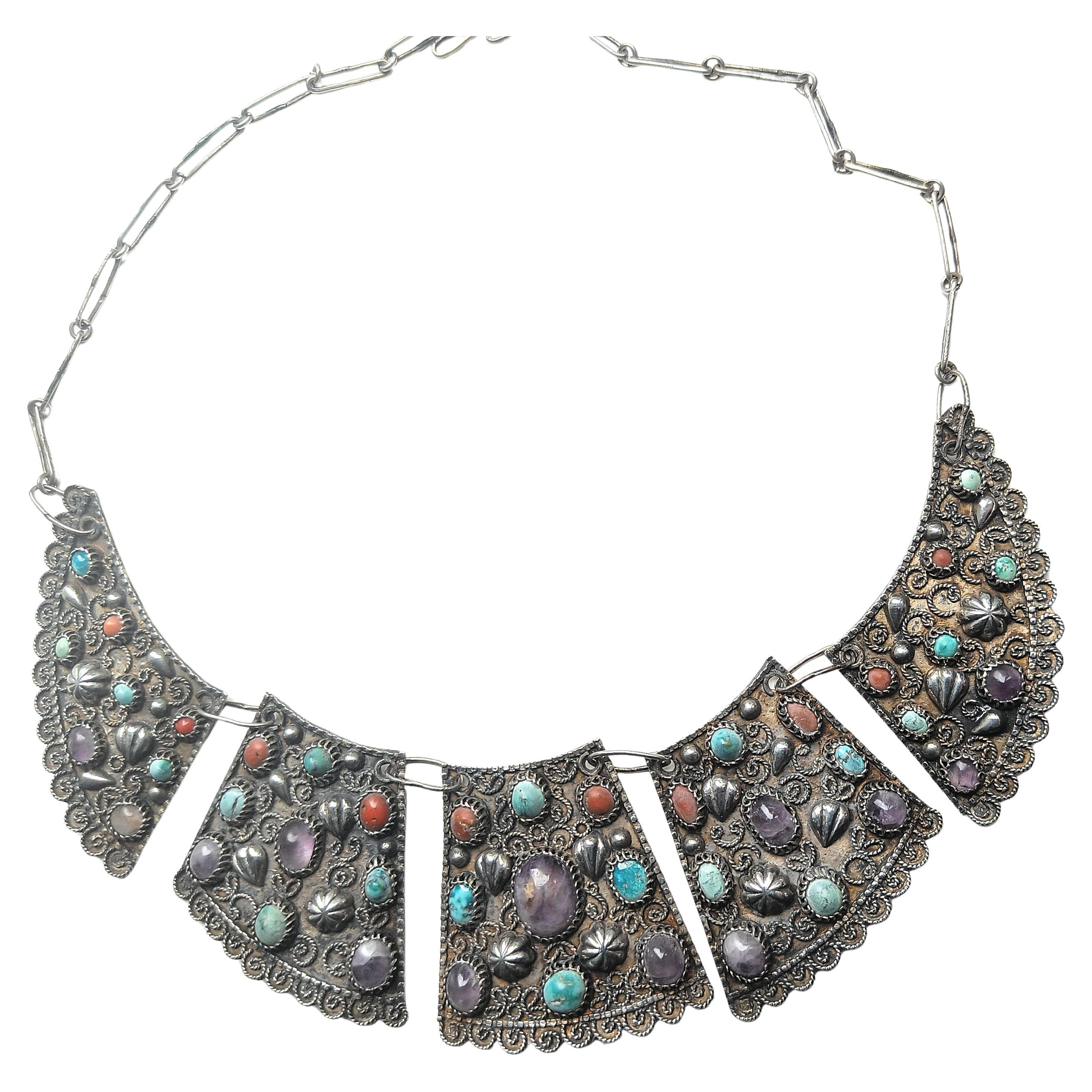 Collier persan doré et argenté avec turquoise antiquités du Moyen-Orient