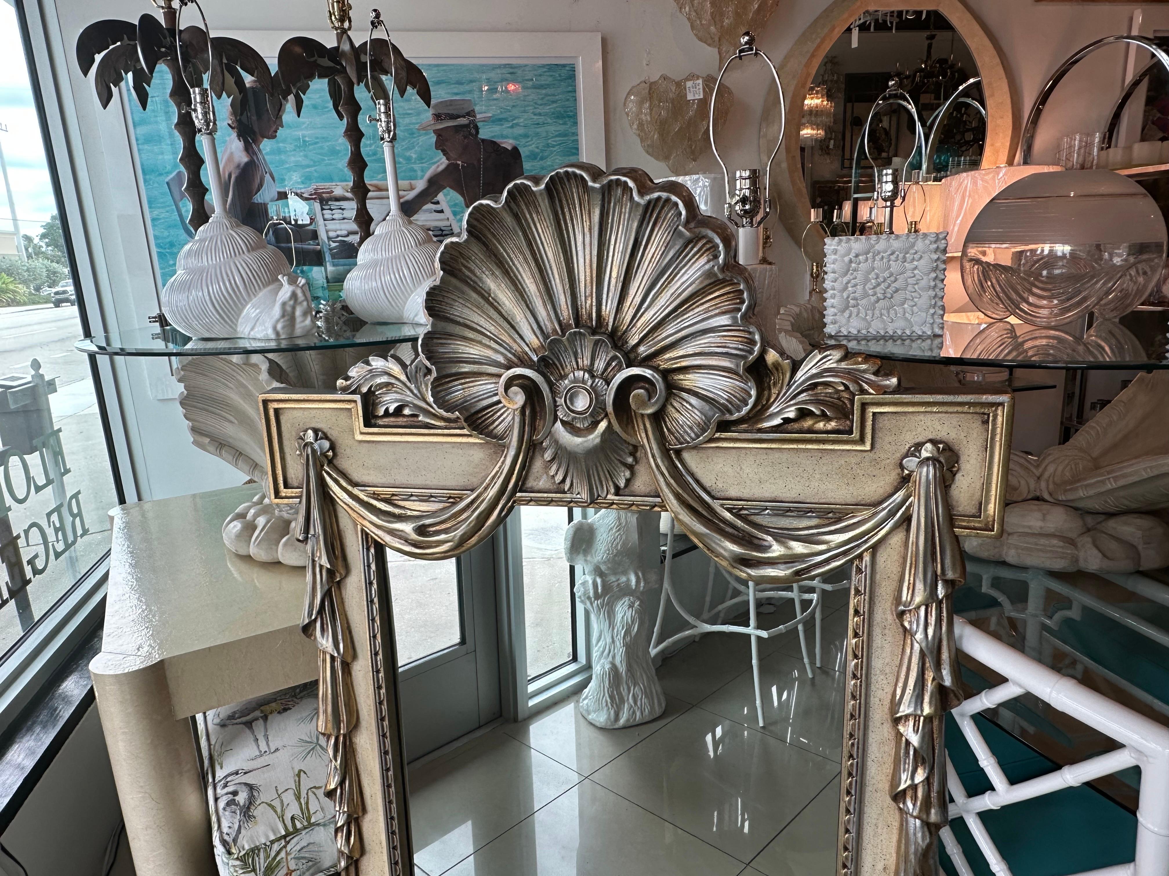 Silver Gold Gilt Shell Seashell Draped Wall Mirror Style of Dorothy Draper For Sale 5