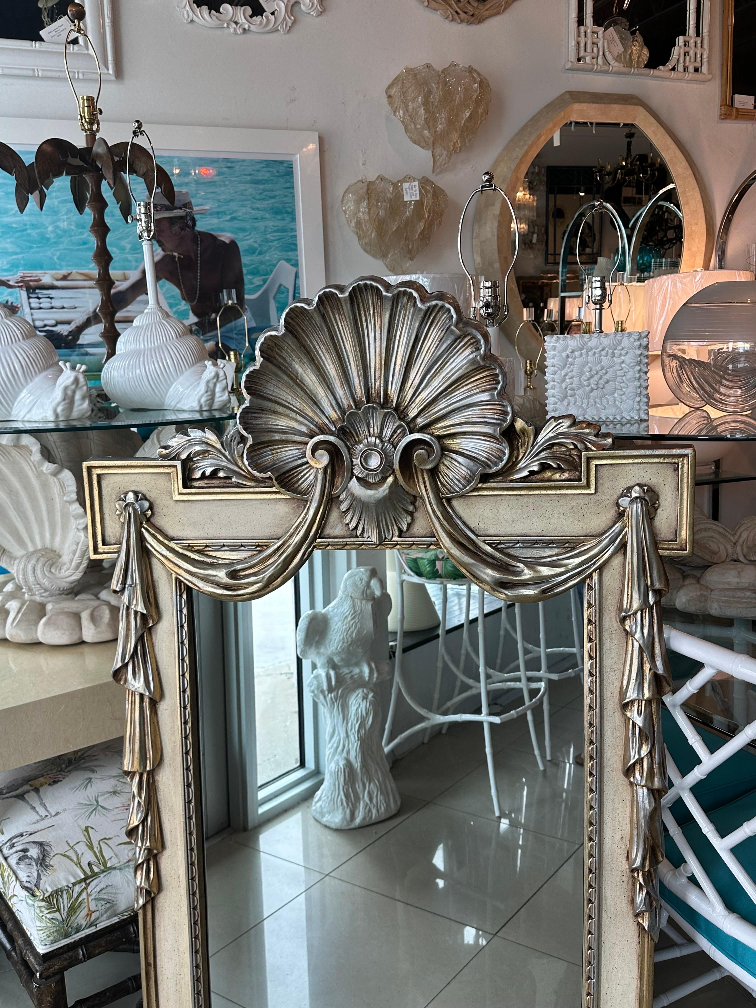 Silver Gold Gilt Shell Seashell Draped Wall Mirror Style of Dorothy Draper For Sale 6