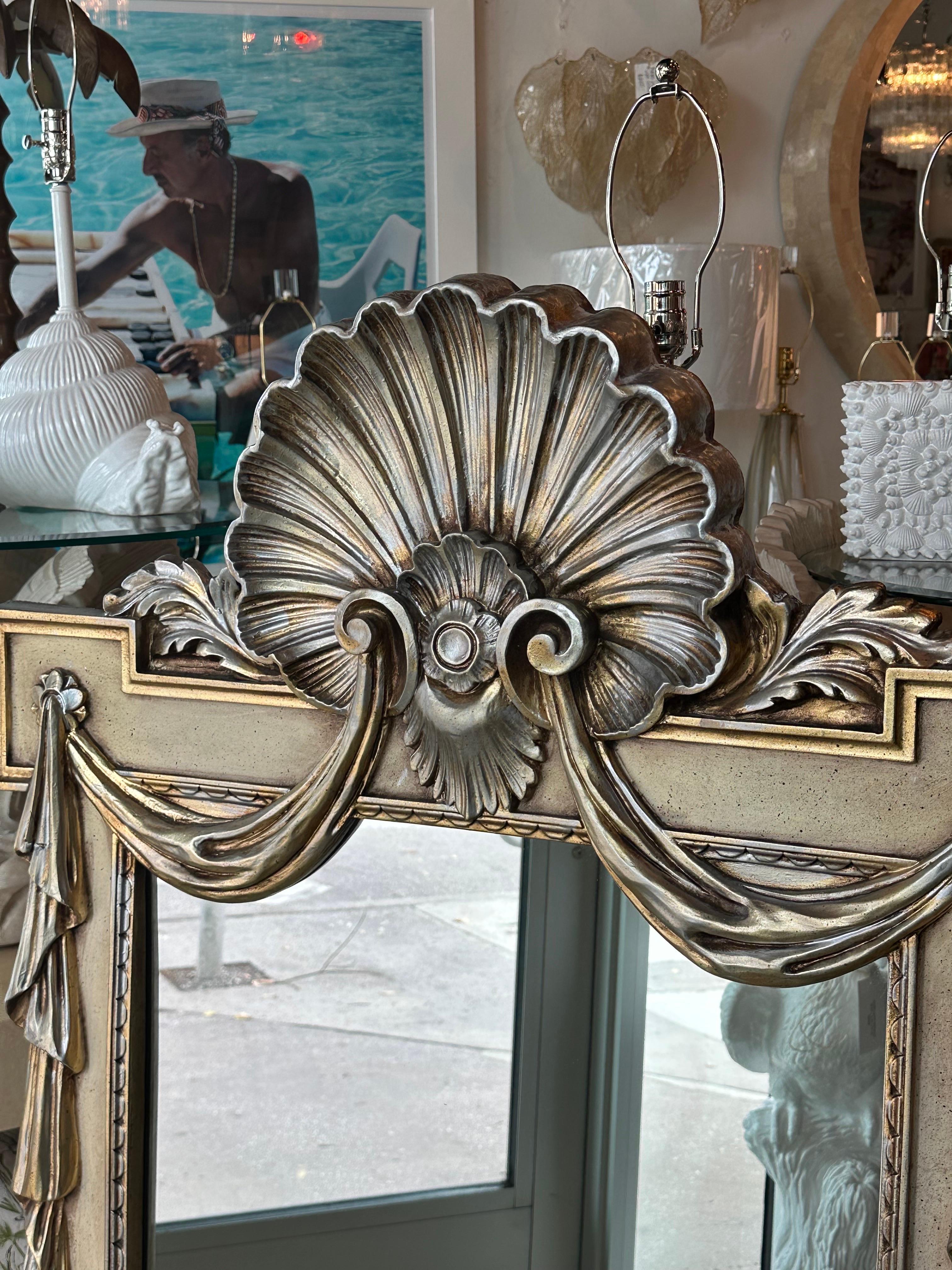 Silver Gold Gilt Shell Seashell Draped Wall Mirror Style of Dorothy Draper For Sale 7