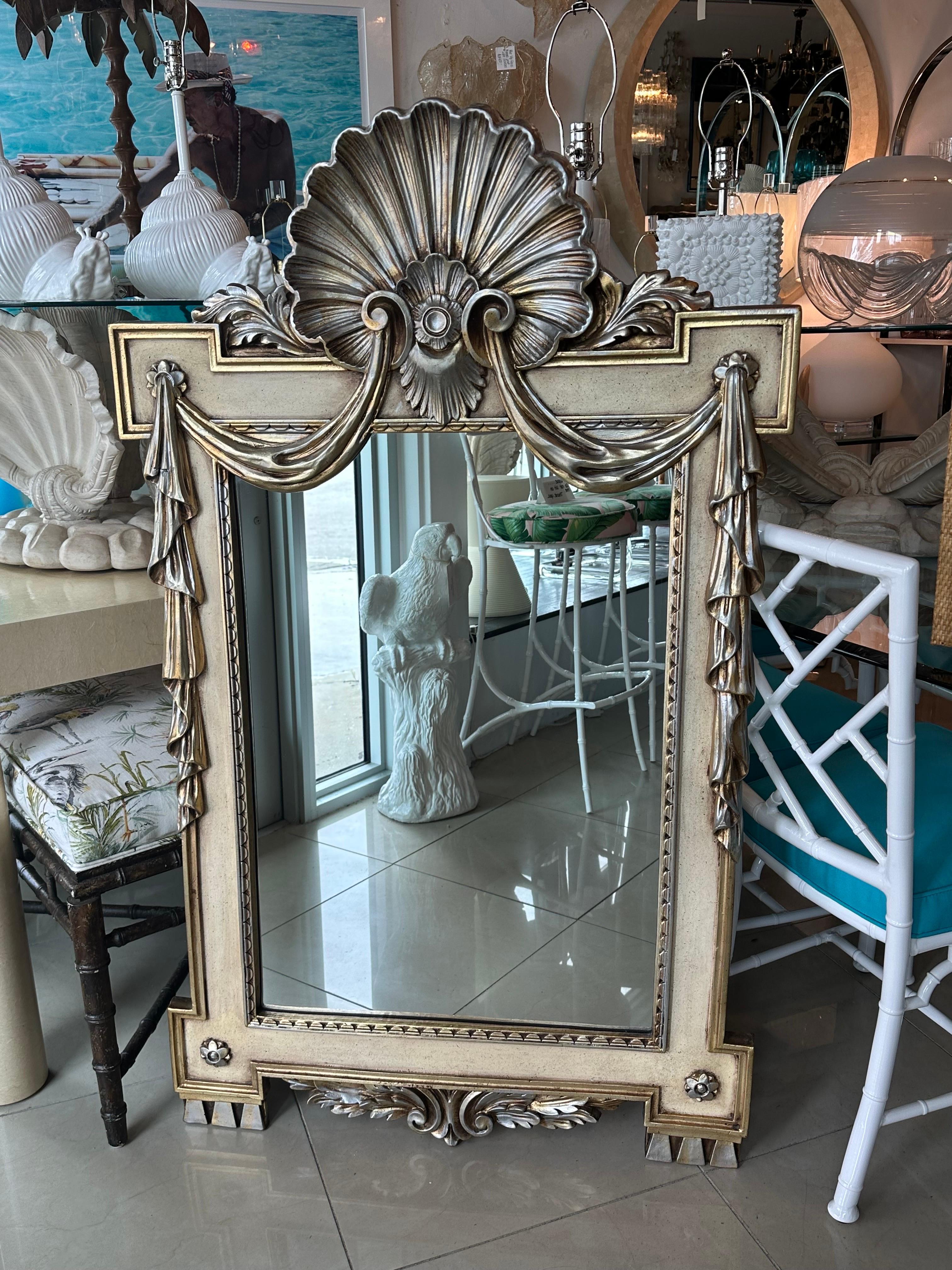 Silver Gold Gilt Shell Seashell Draped Wall Mirror Style of Dorothy Draper For Sale 8