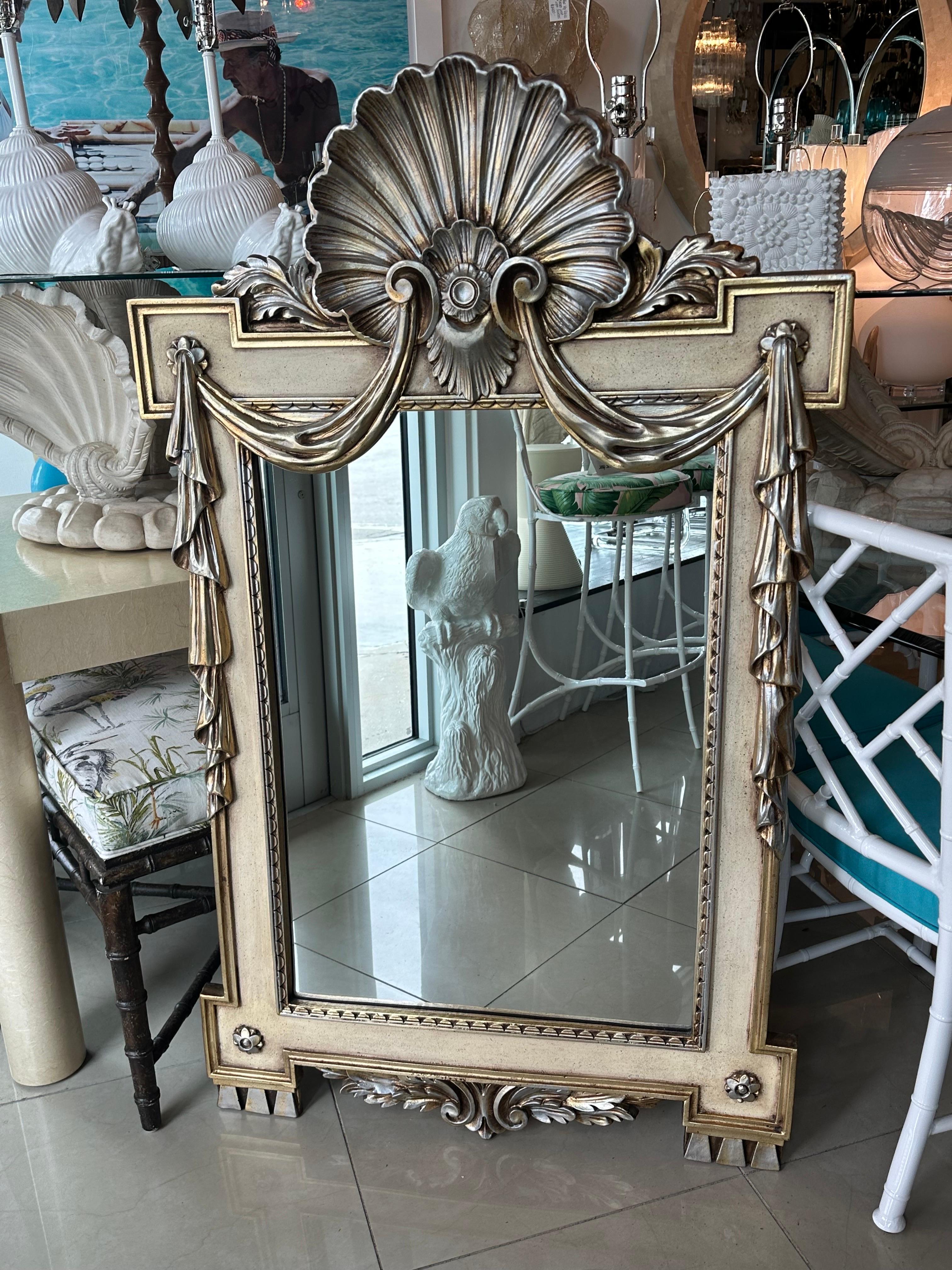 Silver Gold Gilt Shell Seashell Draped Wall Mirror Style of Dorothy Draper For Sale 9