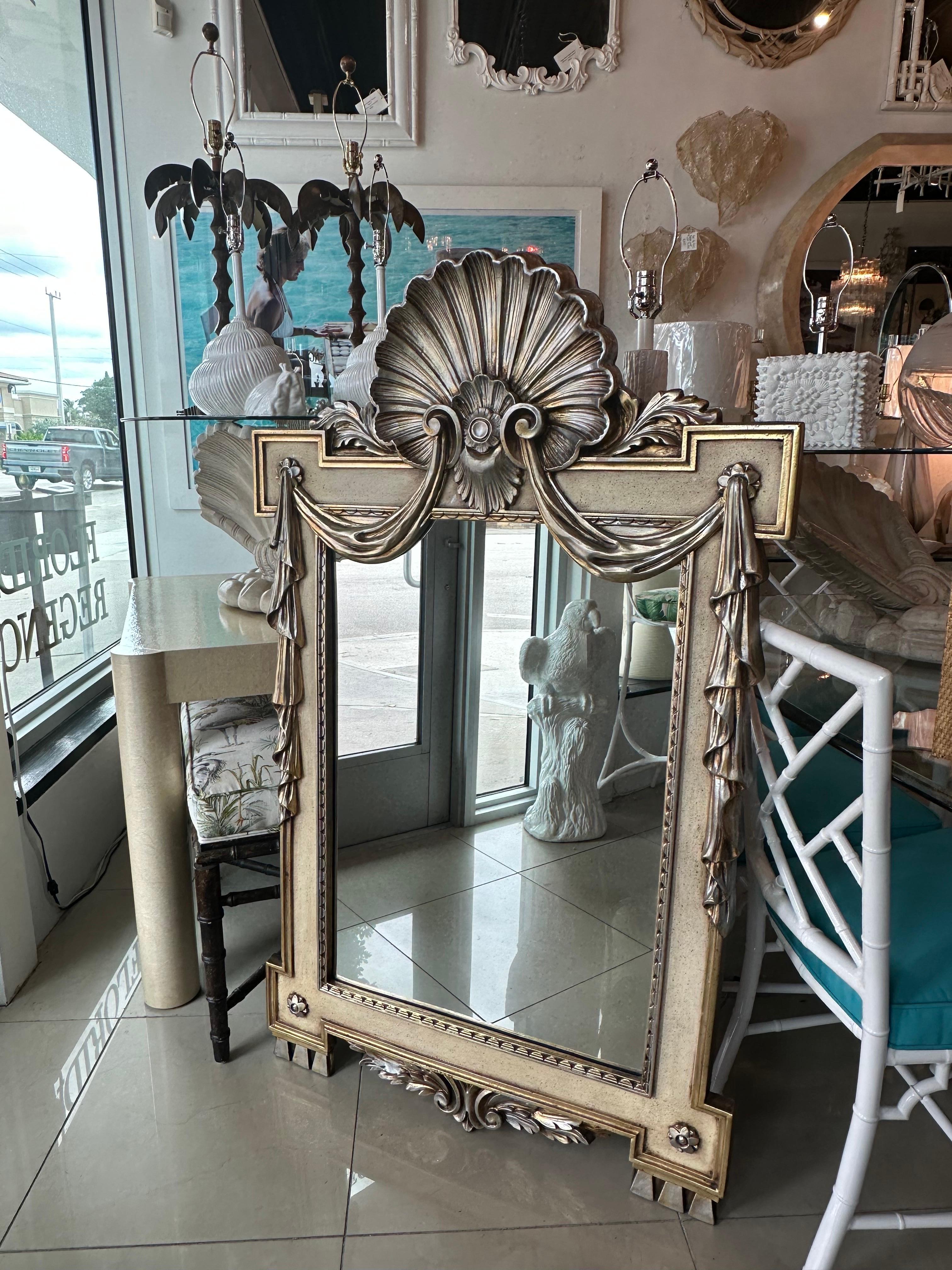 Silver Gold Gilt Shell Seashell Draped Wall Mirror Style of Dorothy Draper In Good Condition For Sale In West Palm Beach, FL