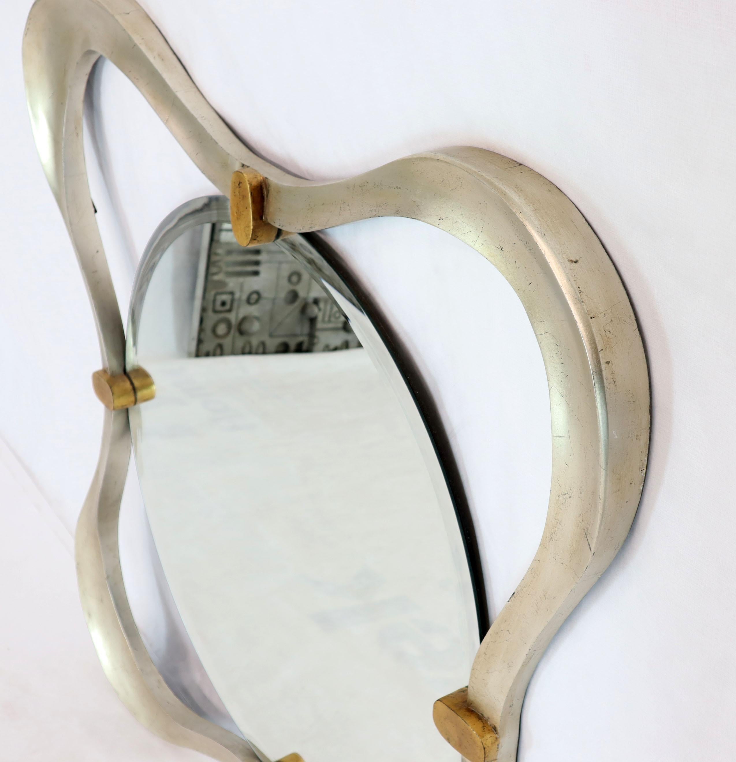 Mid-Century Modern Silver Gold Leaf Free Organic Form Frame Round Beveled Wall Mirror  