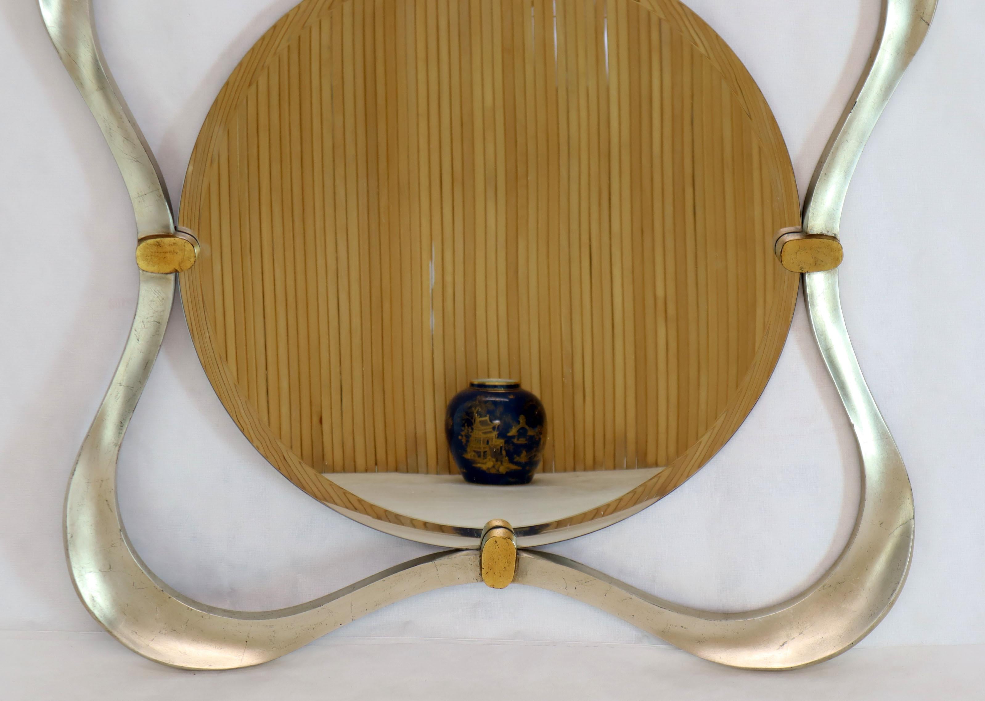 Silver Gold Leaf Free Organic Form Frame Round Beveled Wall Mirror   In Excellent Condition In Rockaway, NJ