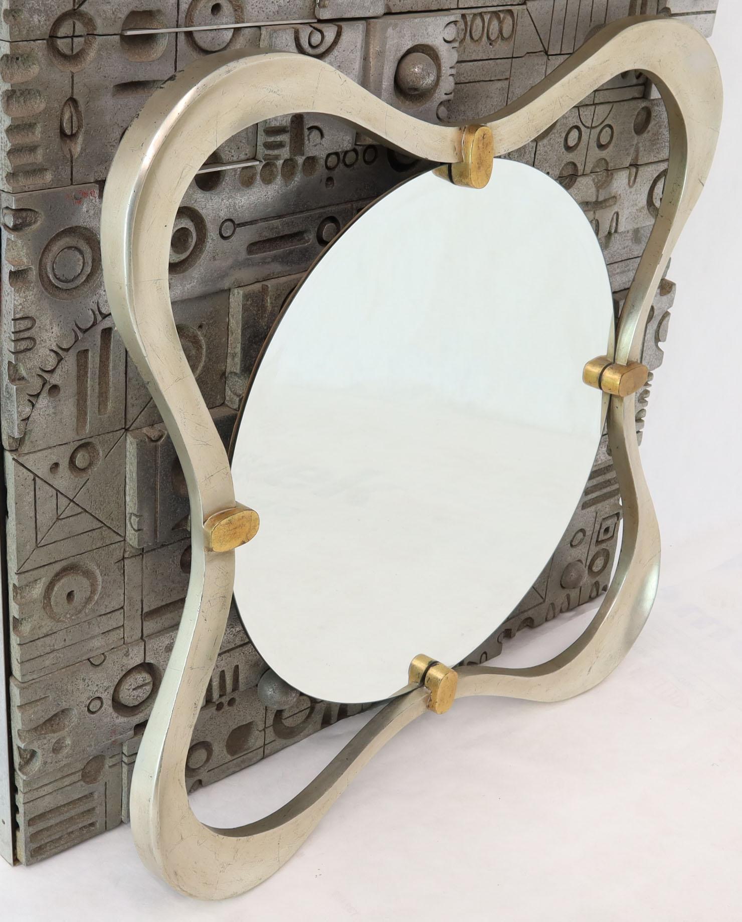 20th Century Silver Gold Leaf Free Organic Form Frame Round Beveled Wall Mirror  