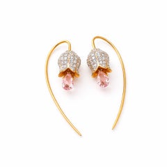 Silver, gold Lily flower earrings with rose quartz briolettes