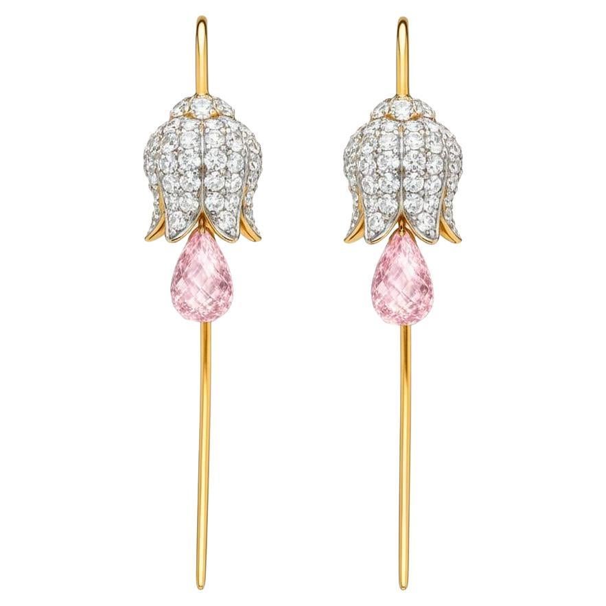 Pendientes flor de lirio de plata y oro con briolettes de cuarzo rosa