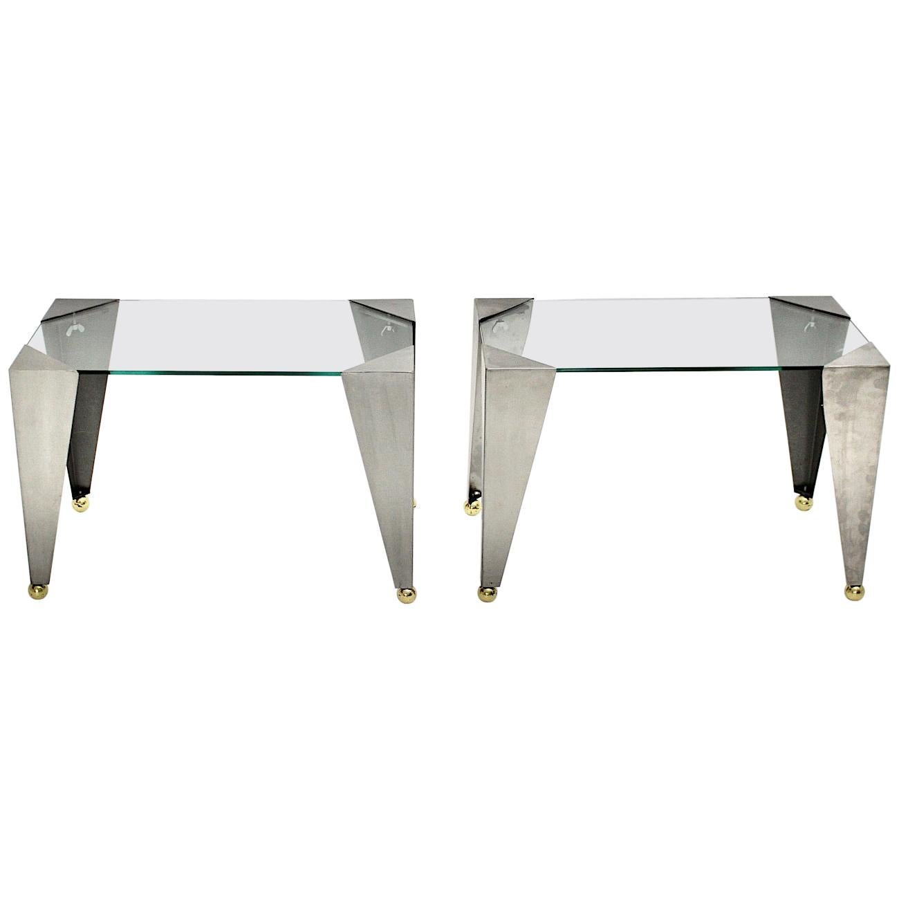 Paire de tables d'appoint vintage modernes en argent et or, en acier inoxydable et laiton, 2000, Italie