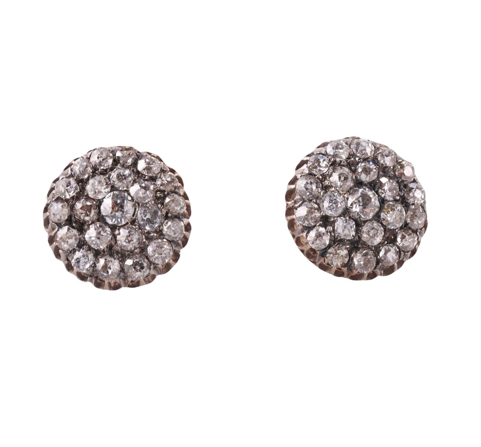 Silver Gold Old Mine Diamond Stud Earrings In Excellent Condition For Sale In New York, NY