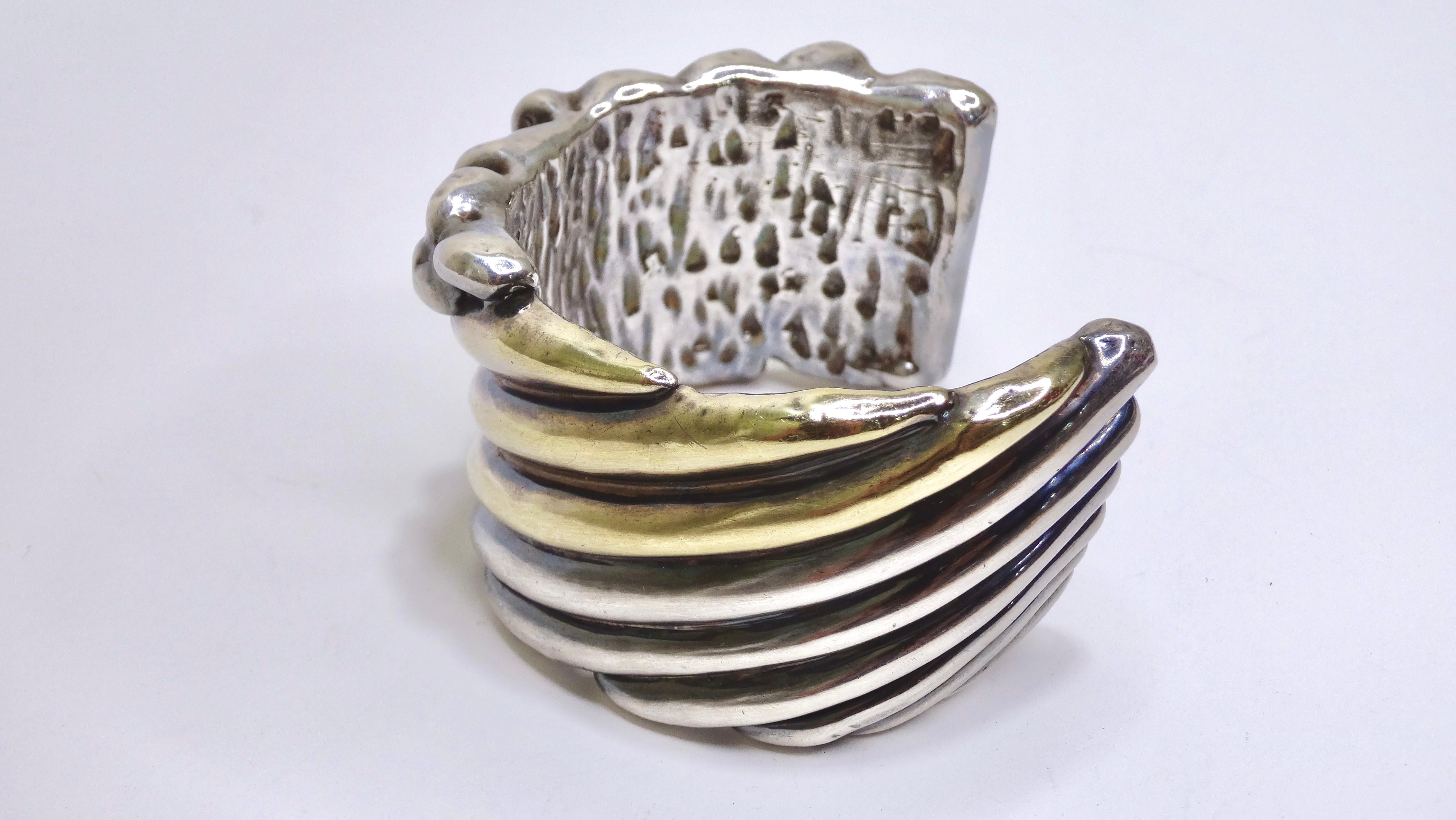 Silver & Gold Ornate Hollow Cuff In Excellent Condition For Sale In Scottsdale, AZ