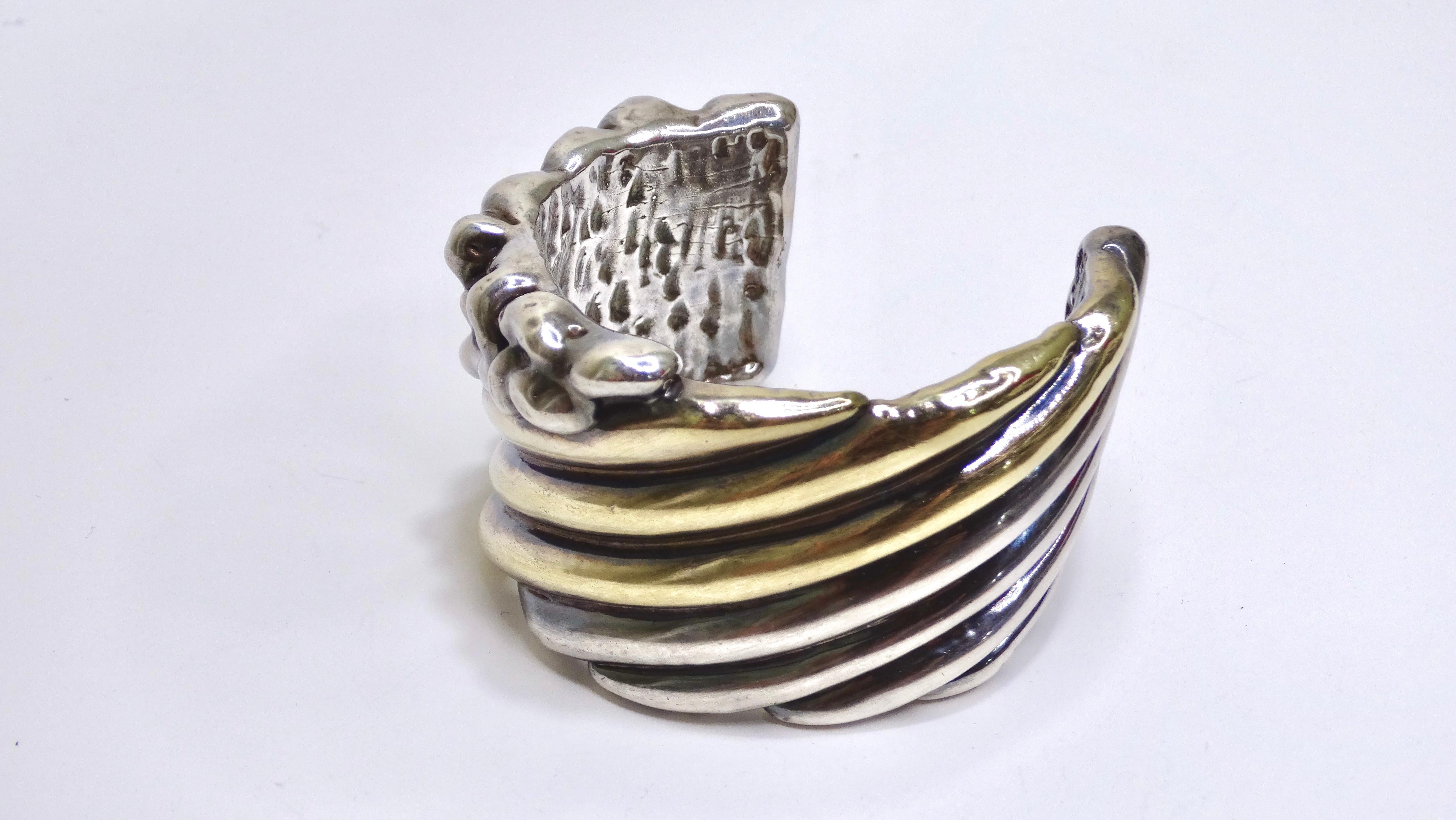 Women's or Men's Silver & Gold Ornate Hollow Cuff For Sale