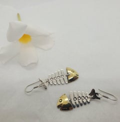 Silver Gold Plated Fish Bone Earrings, Hook Style Dangle, 11.3 Grams