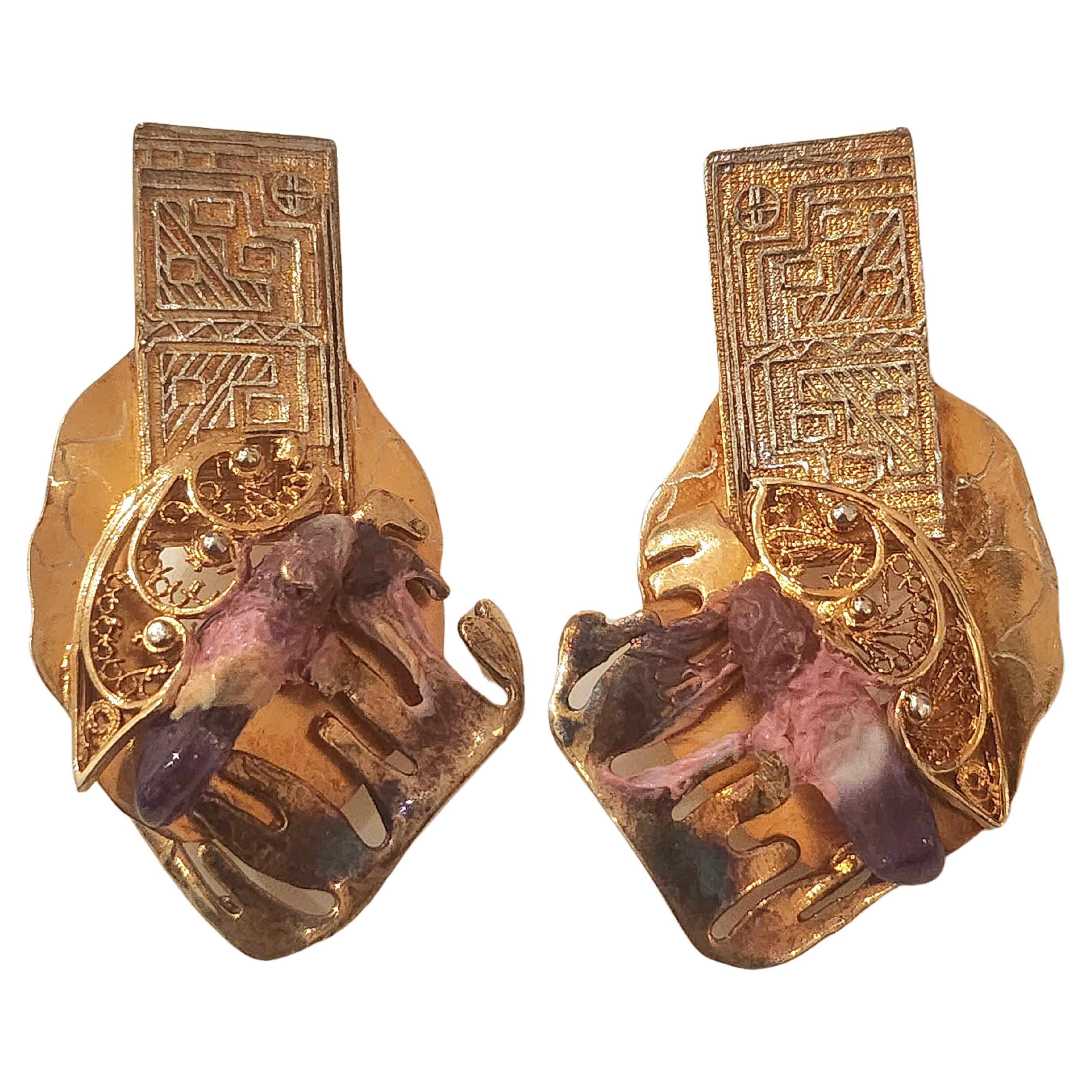 Large silver 925 hand made earrings gold plated with 750k gold finest decorted with natural gem stone in fine workmanship details total earrings weight 30 grams 