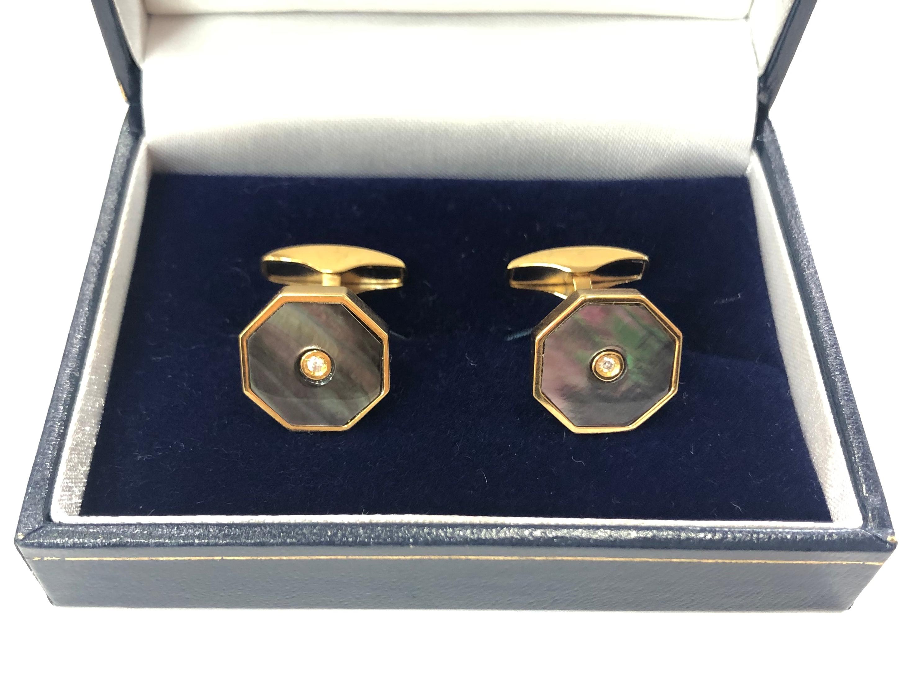 Round Cut Silver Gold-Plated Mother of Pearl and Diamond Cufflinks For Sale