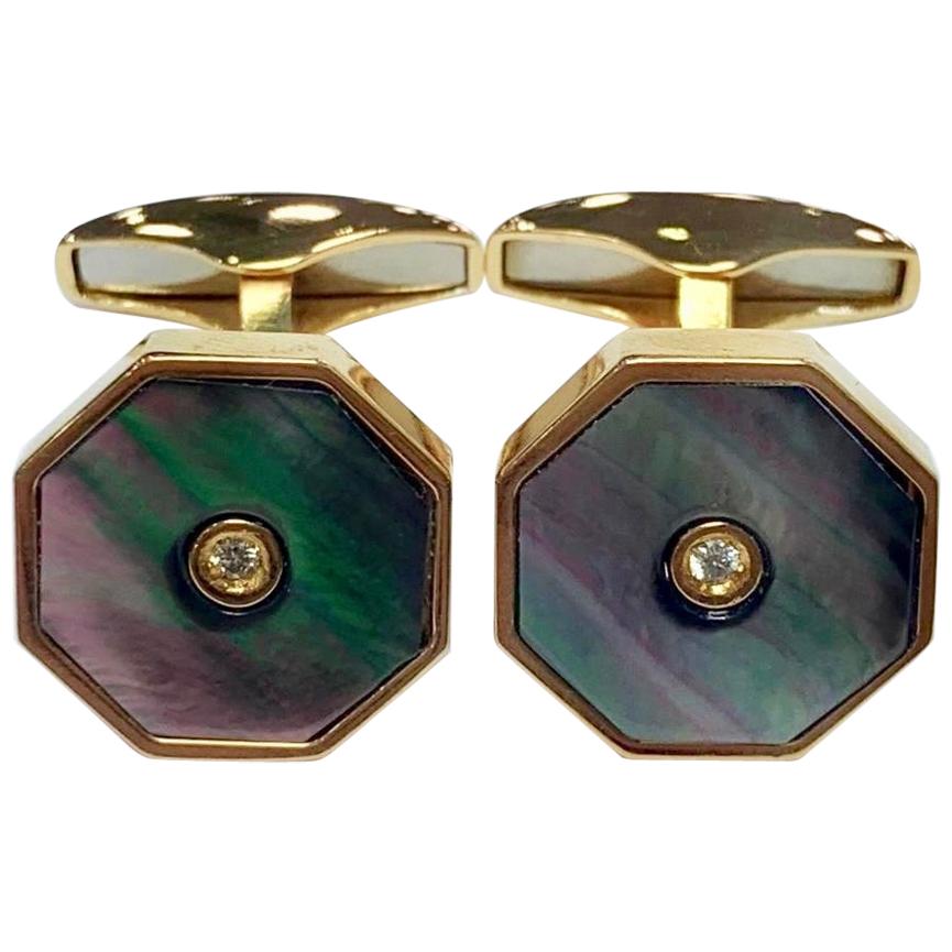 Silver Gold-Plated Mother of Pearl and Diamond Cufflinks For Sale