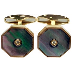 Silver Gold-Plated Mother of Pearl and Diamond Cufflinks