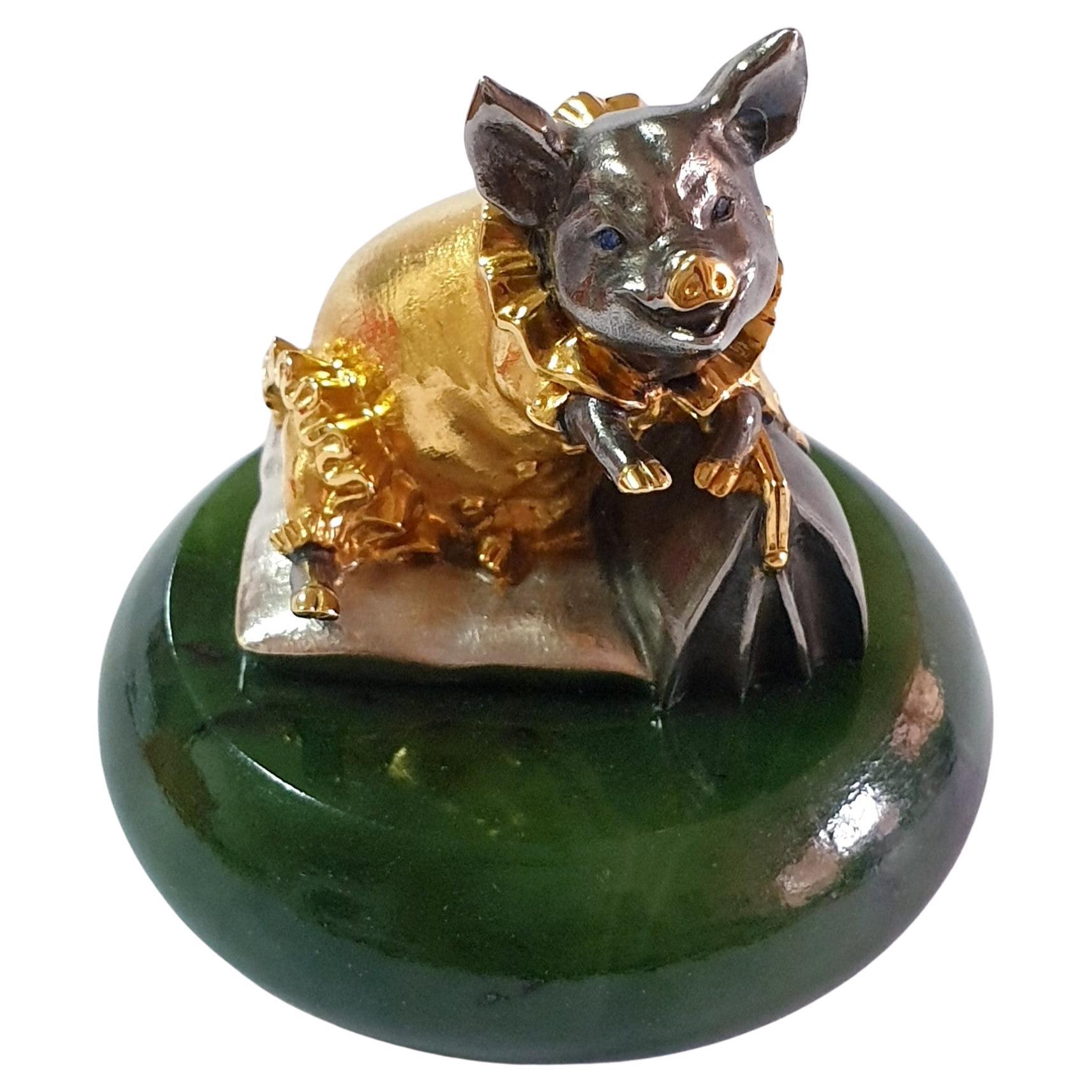 Silver Gold Plated Pig with a Rich Bag miniature For Sale