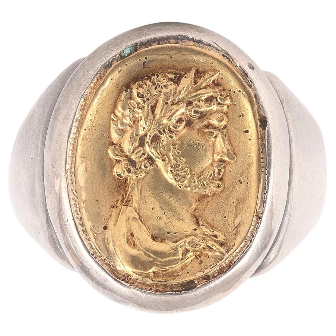 Classical Roman Silver Gold Roman Emperor Intaglio Men’s Ring