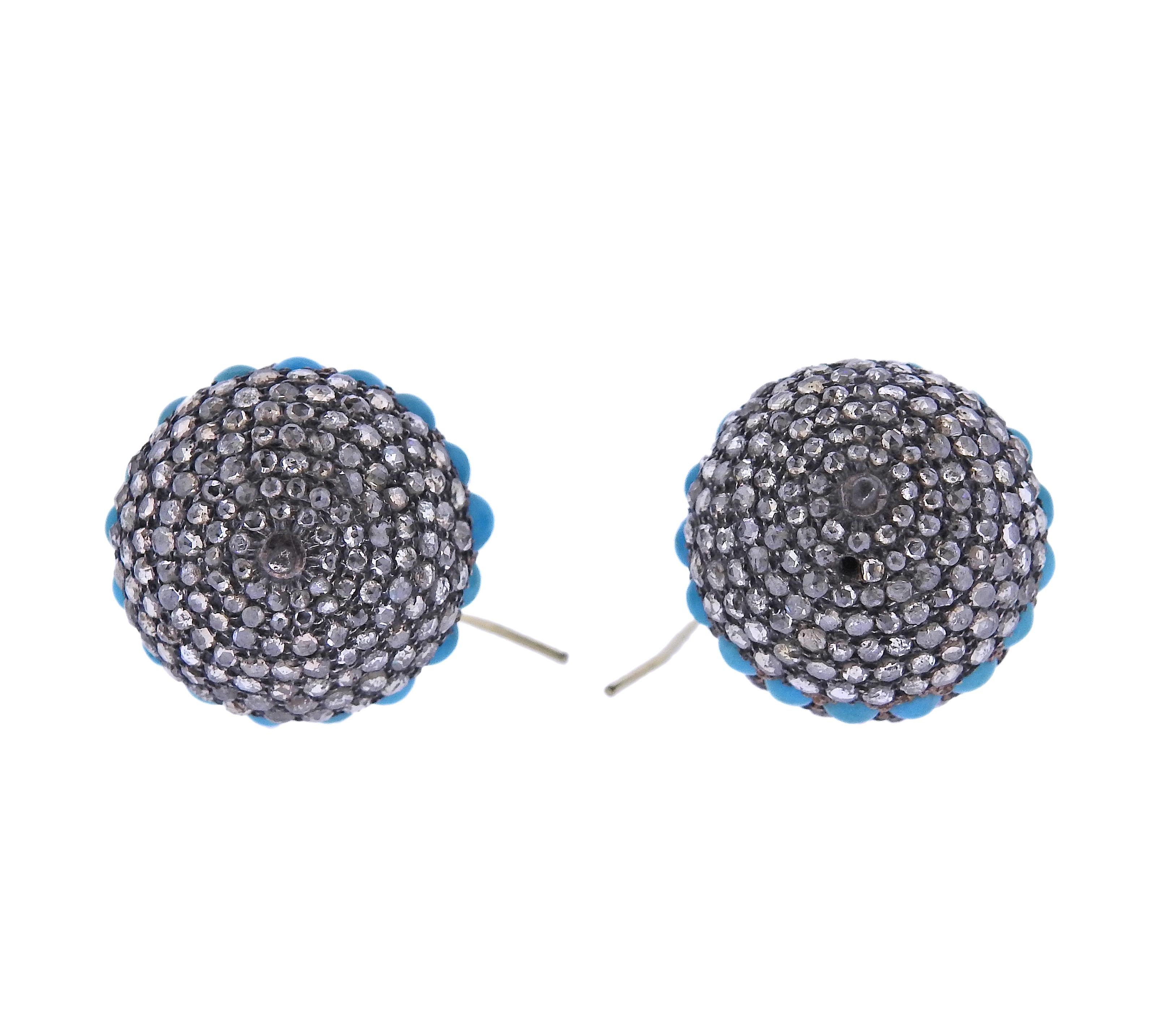 Silver Gold Rose Cut Diamond Turquoise Ball Earrings In Good Condition For Sale In New York, NY