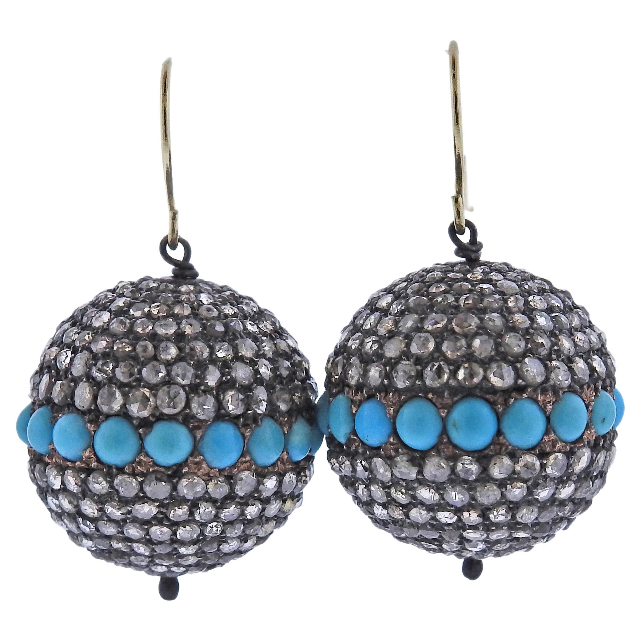 Silver Gold Rose Cut Diamond Turquoise Ball Earrings For Sale