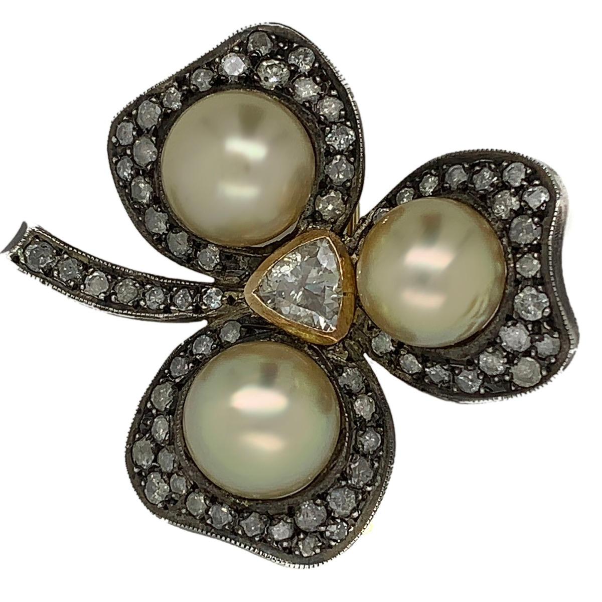 Metal: Silver & Gold
Condition: Excellent
Year Of Manufacture: Circa 1950s
Gemstone: Diamond, Cultured Pearl 
Cut : Rose
Total Diamond Weight: 3 CT
Item Weight: 20.5 grams
Length: 1.8 inches
Petal Width: 0.79 inches
Pearl Width: 0.48 inches
Total
