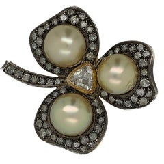 Silver and Gold Rose Cut Diamond with Cultured Pearl Brooch