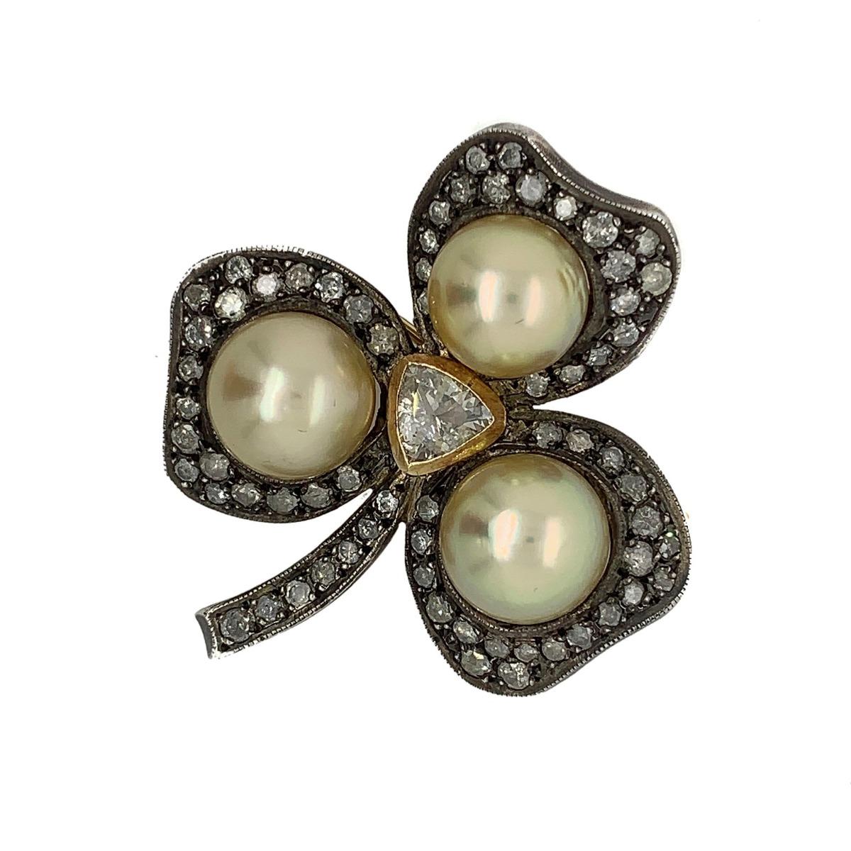 Silver and Gold Rose Cut Diamond with Cultured Pearl Brooch In Excellent Condition For Sale In New York, NY