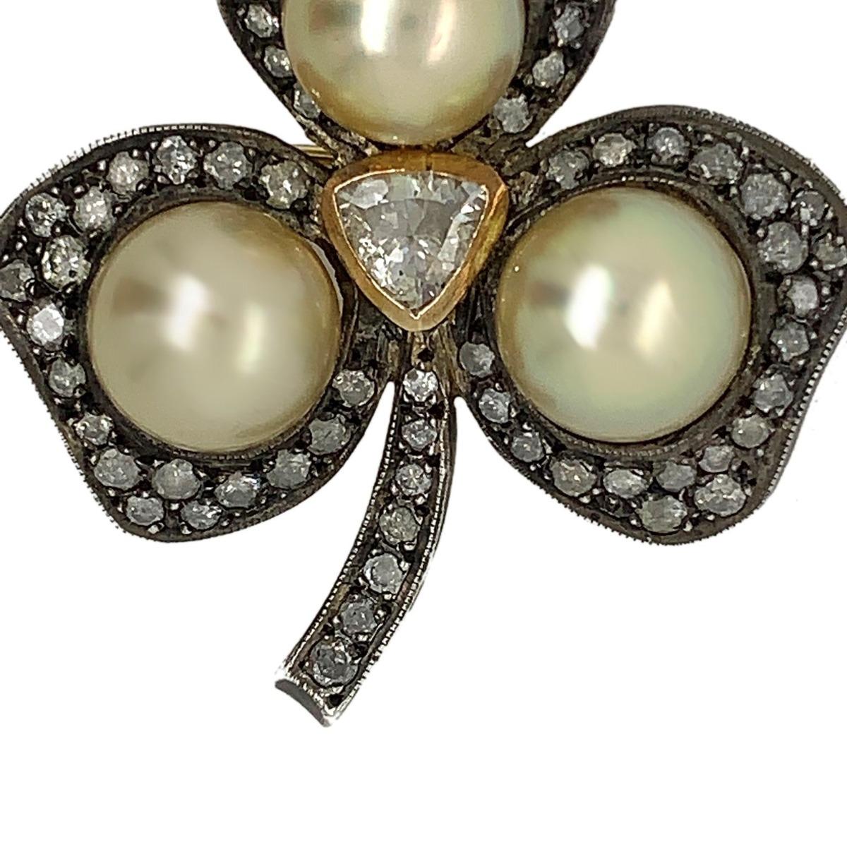 Women's Silver and Gold Rose Cut Diamond with Cultured Pearl Brooch For Sale