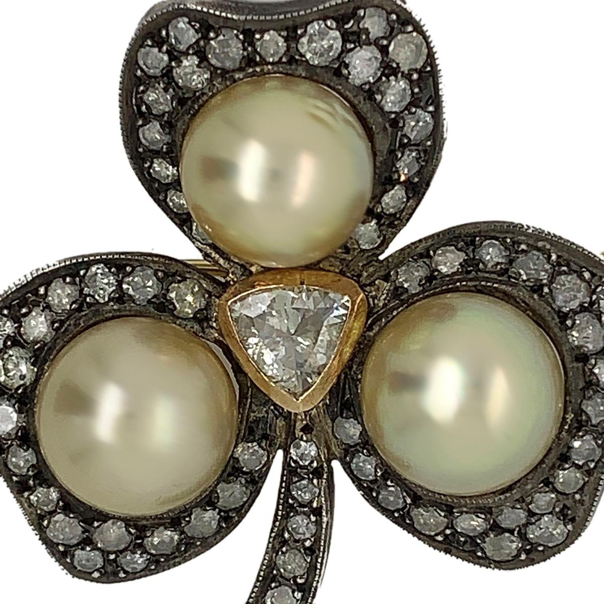 Silver and Gold Rose Cut Diamond with Cultured Pearl Brooch For Sale 1