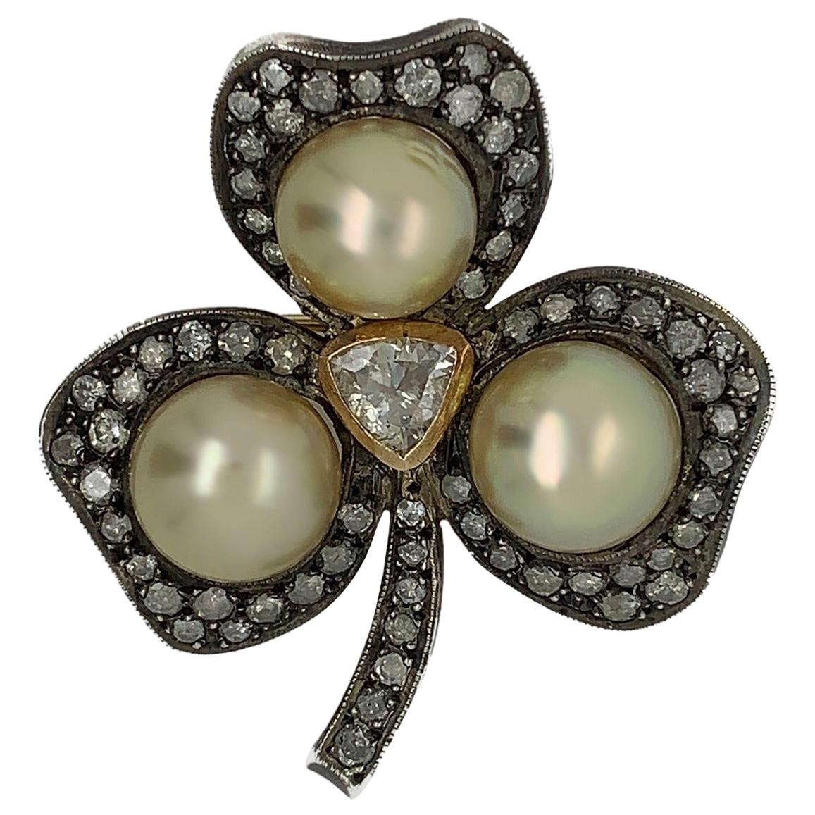Silver and Gold Rose Cut Diamond with Cultured Pearl Brooch For Sale